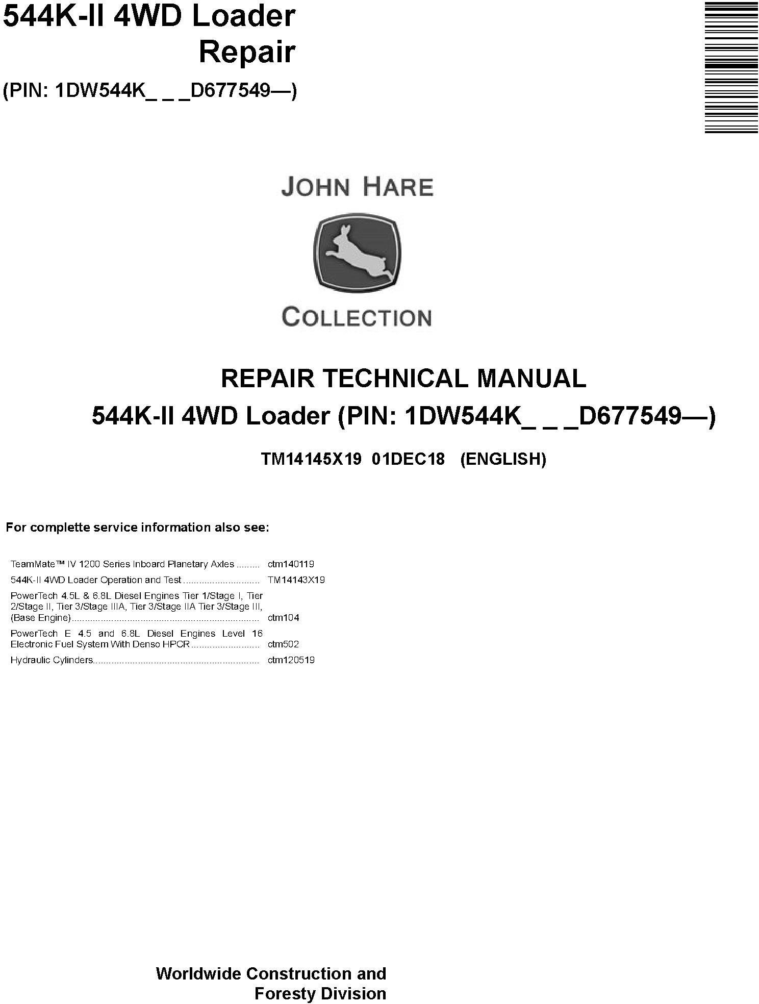 John Deere 544K-II 4WD Loader Repair Technical Manual TM14145X19