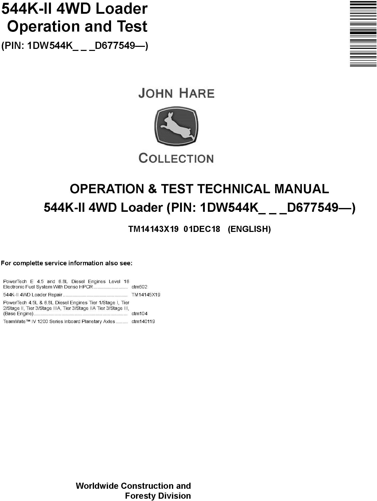 John Deere 544K-II Loader Operation Test Technical Manual TM14143X19