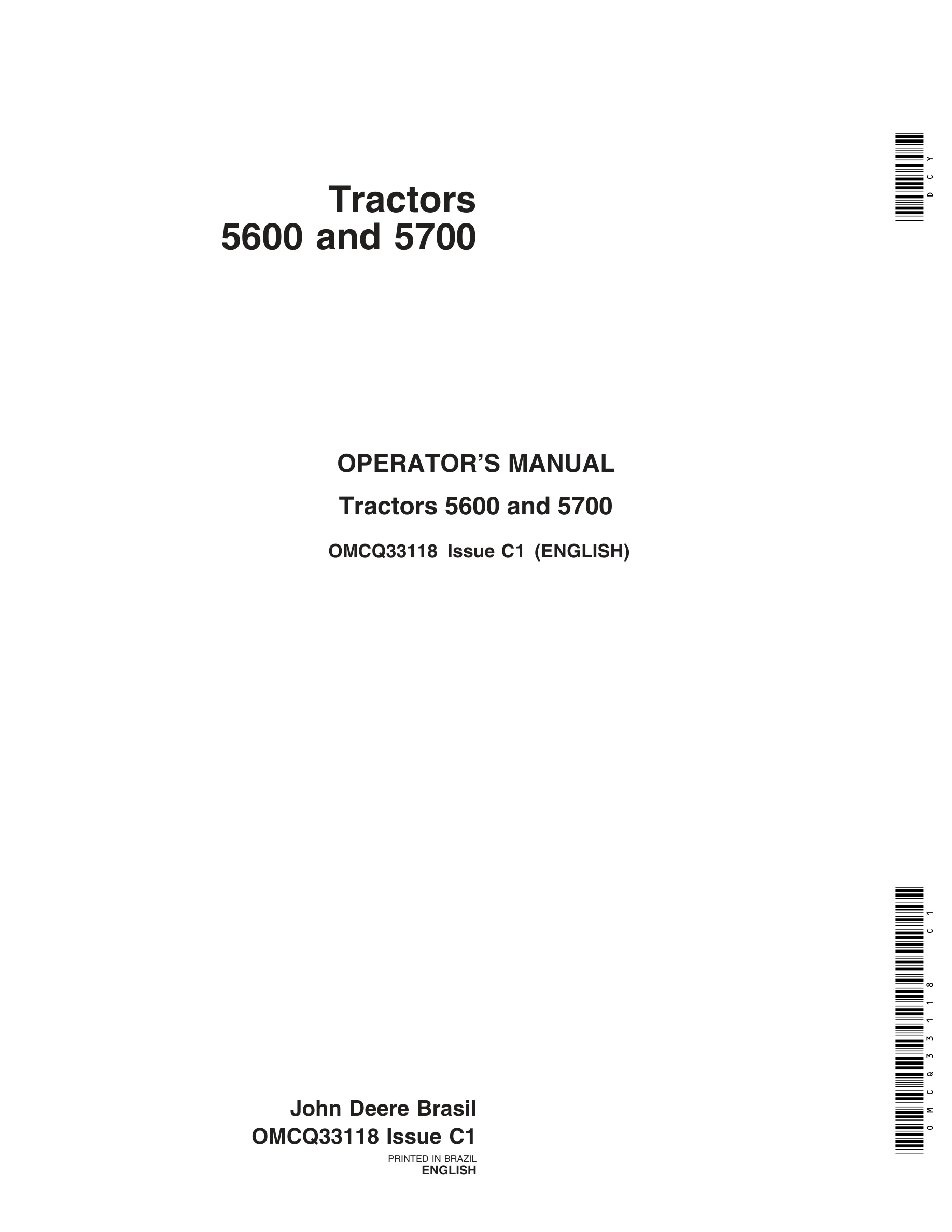 John Deere 5600 And 5700 Tractors Operator Manuals OMCQ33118-1