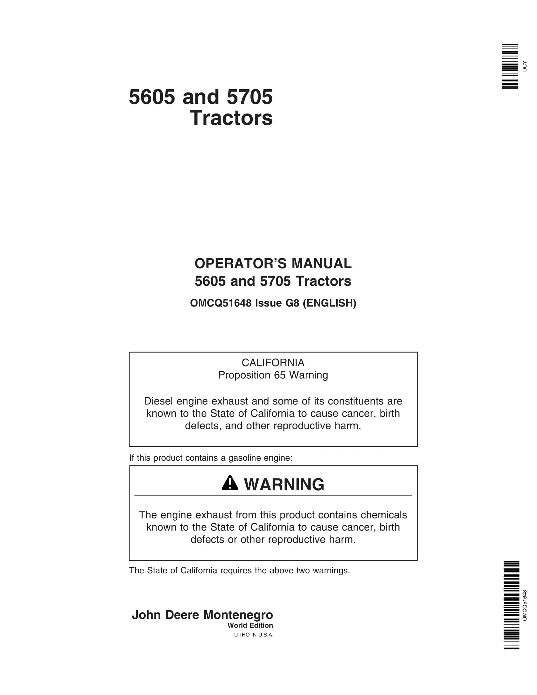 John Deere 5605 And 5705 Tractors Operator Manuals OMCQ51648-1
