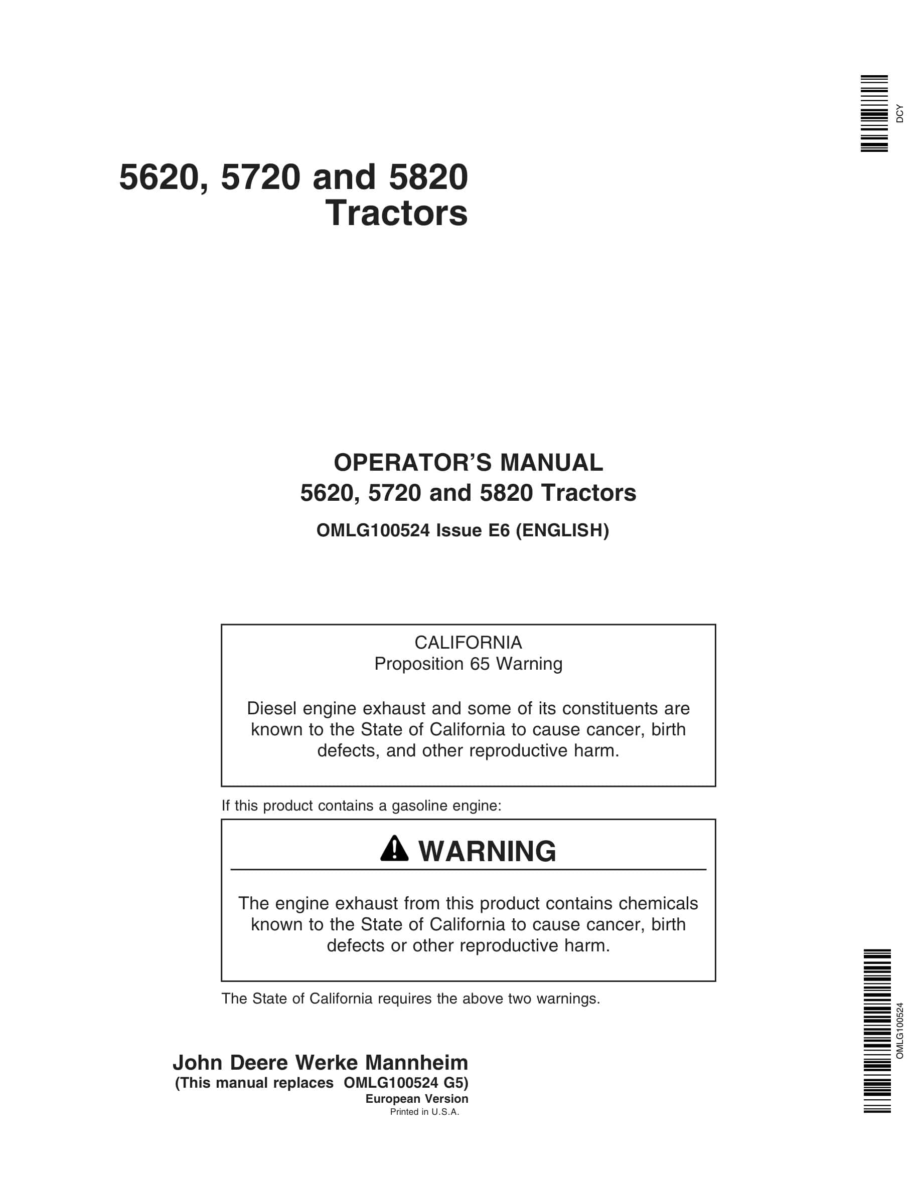 John Deere 5620, 5720 And 5820 Tractors Operator Manuals OMLg100524-1