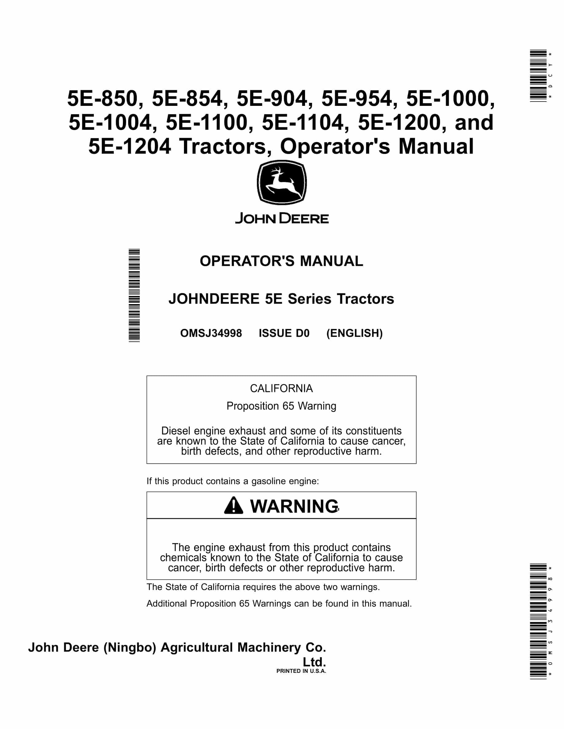 John Deere 5e-850, 5e-854, 5e-904, 5e-954, 5e Operator Manuals OMSJ34998-1