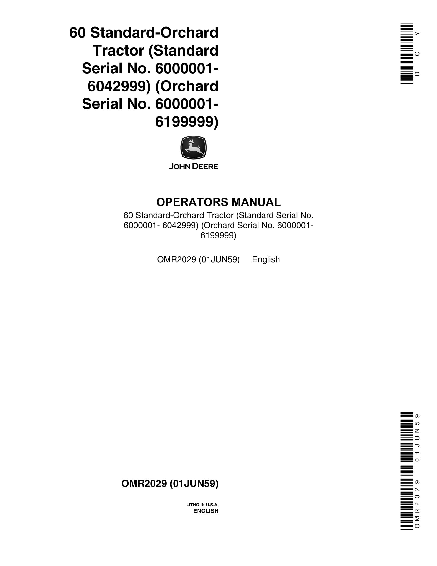 John Deere 60 Tractor Operator Manual OMR2029-1