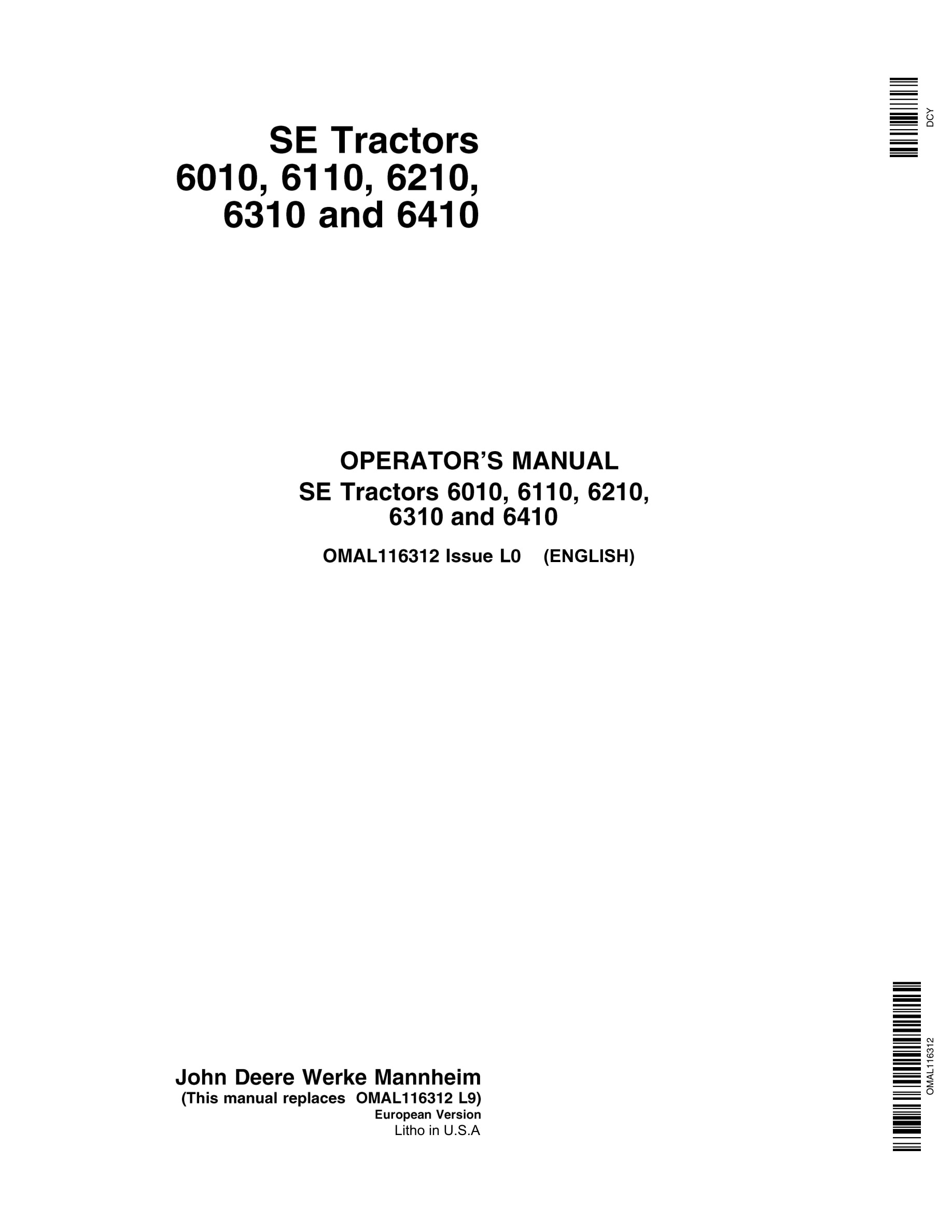 John Deere 6010 6110 6210 6310 6410 Se Tractors Operator Manuals OMAL116312-1