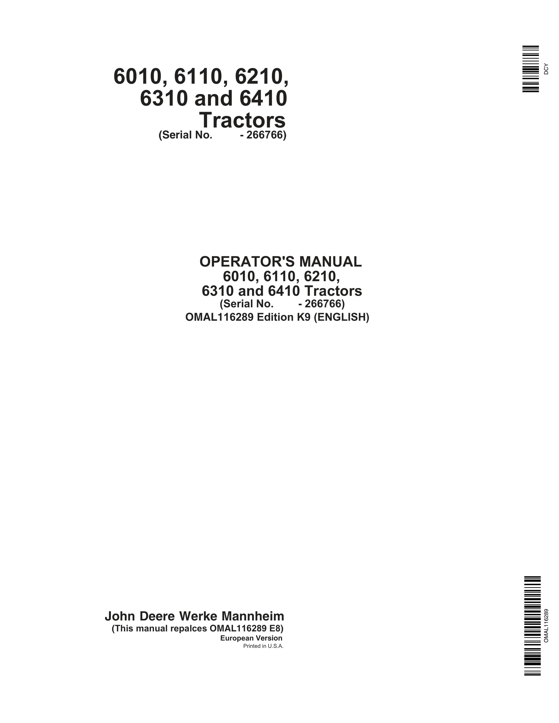 John Deere 6010, 6110, 6210, 6310 6410 Tractors Operator Manuals OMAL116289-1