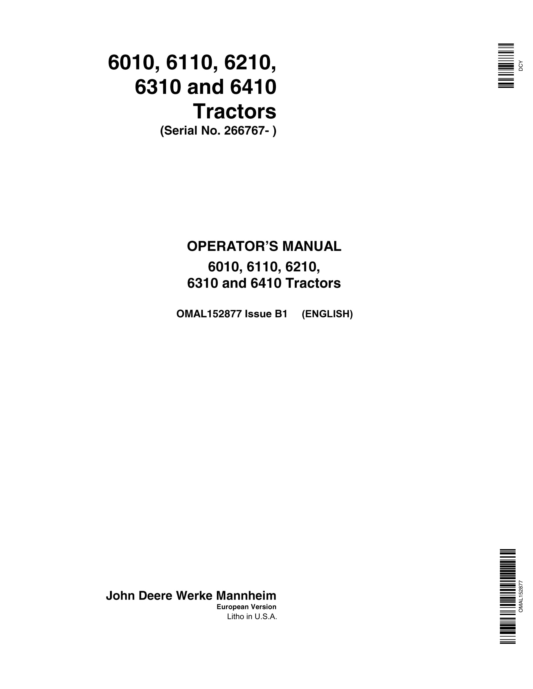 John Deere 6010 6110 6210 6310 6410 Tractors Operator Manuals OMAL152877-1