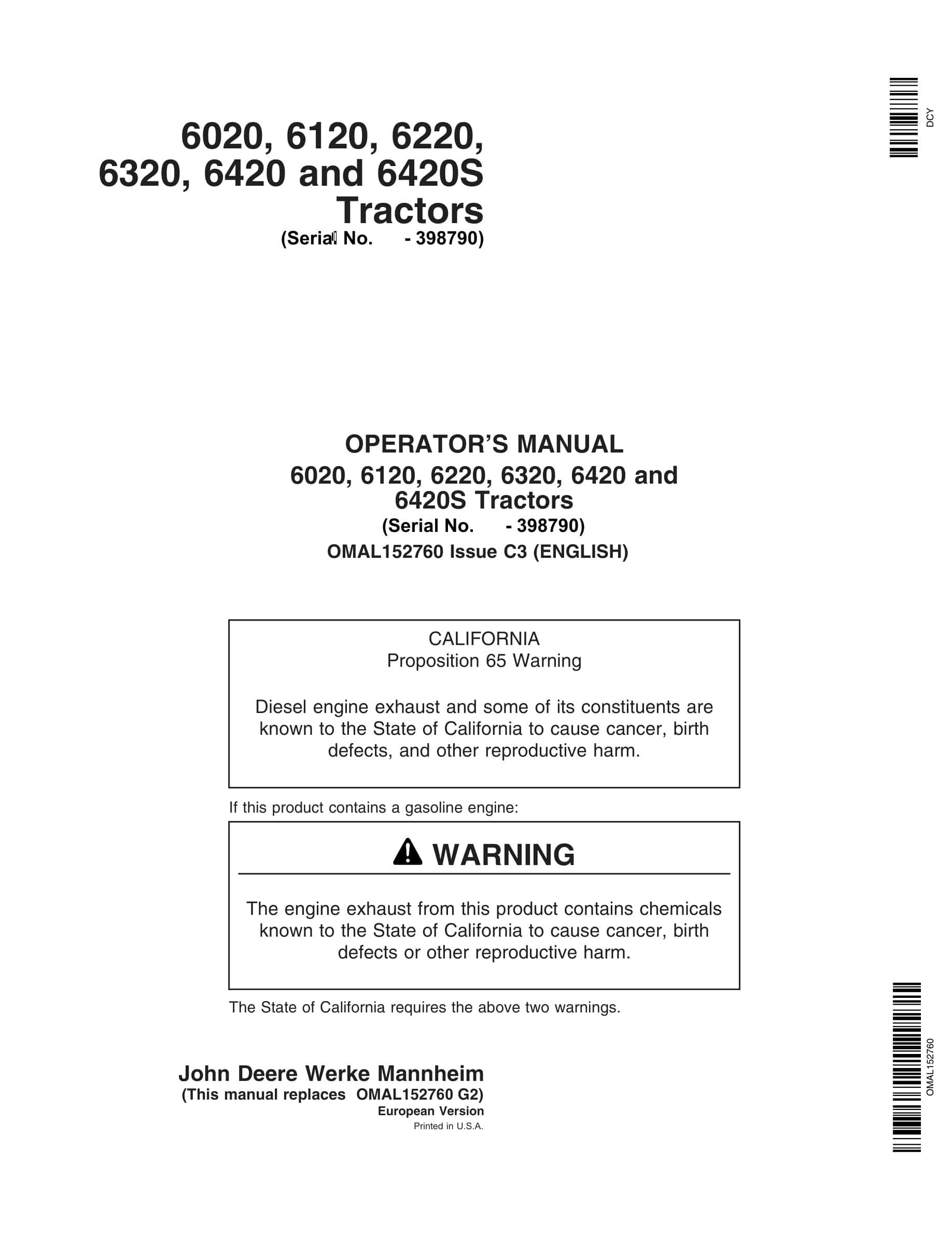 John Deere 6020, 6120, 6220, 6320, 642 6420s Tractors Operator Manuals OMAL152760-1
