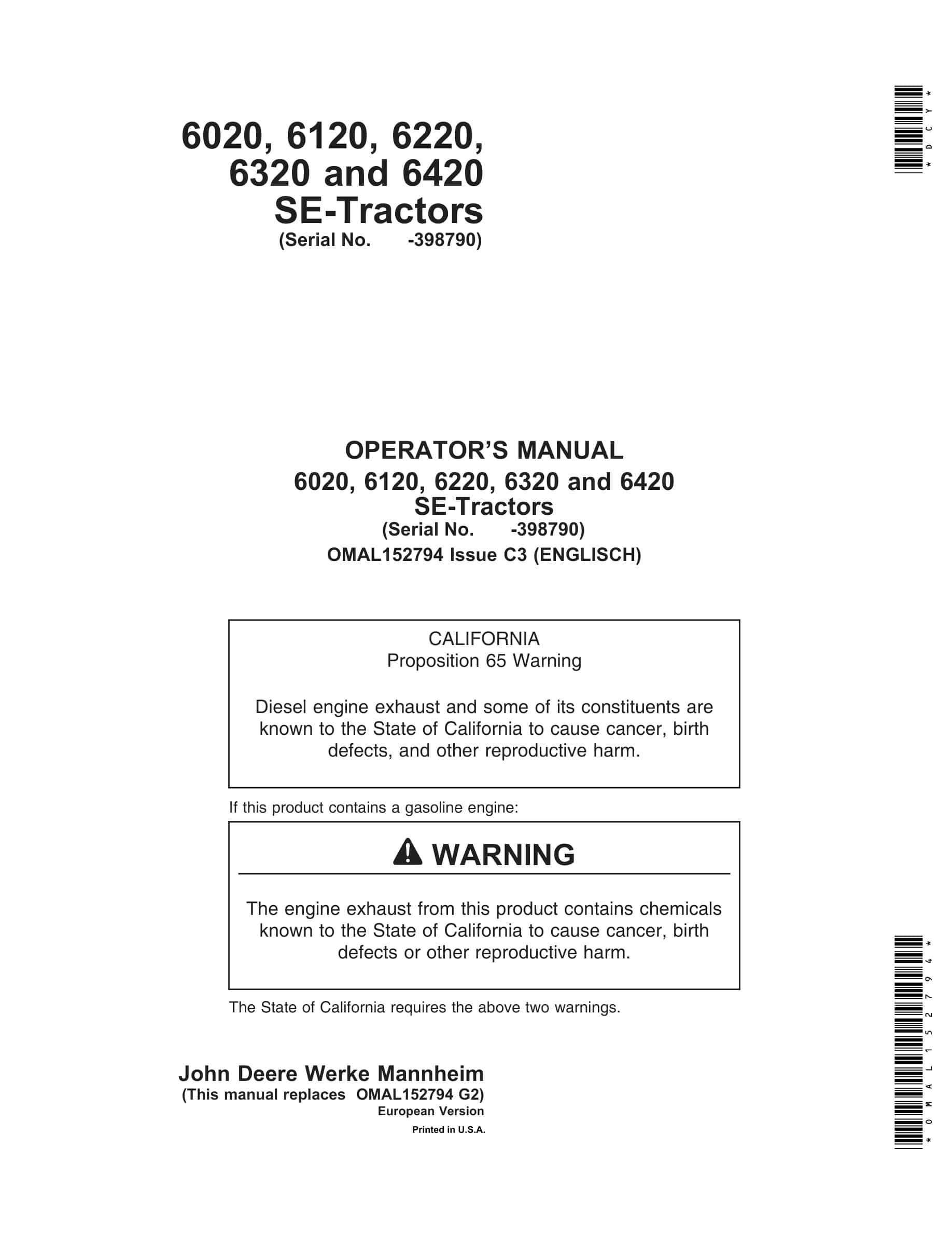 John Deere 6020, 6120, 6220, 6320 And 6420 Se Tractors Operator Manuals OMAL152794-1