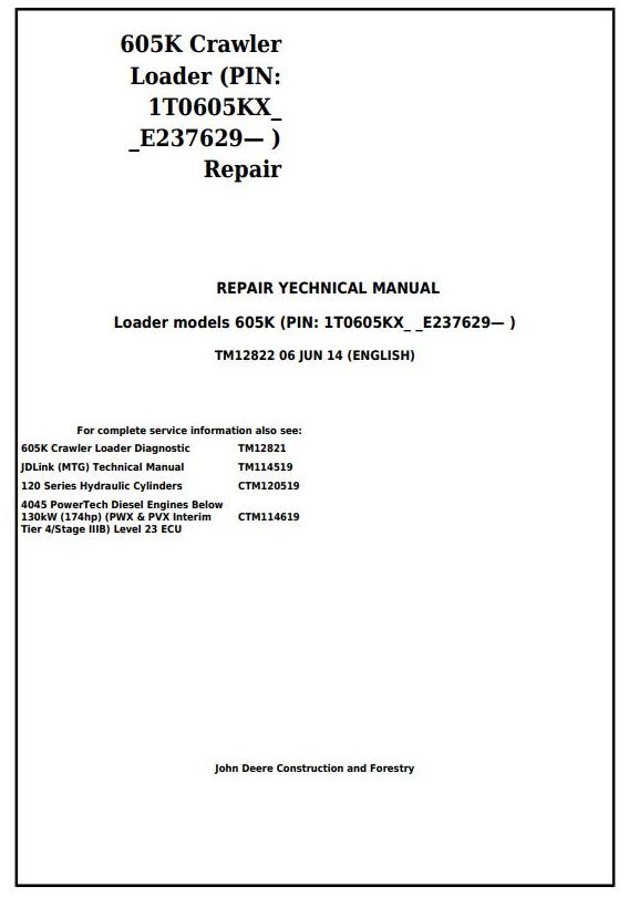 John Deere 605K Crawler Loader Repair Technical Manual TM12822