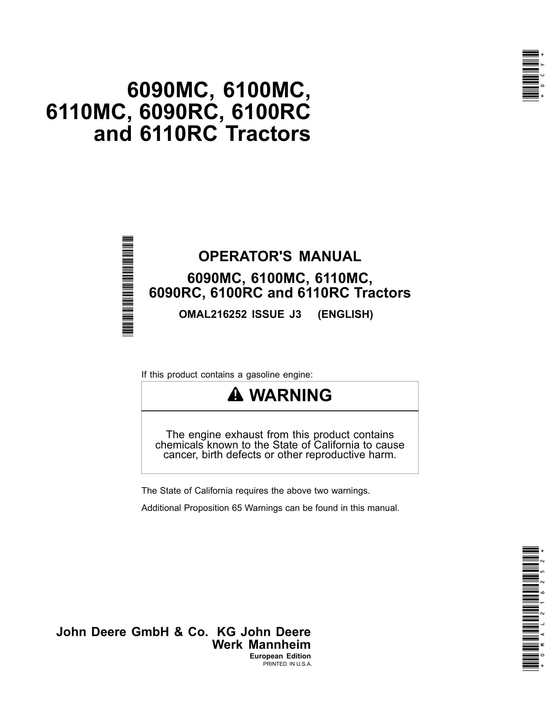 John Deere 6090mc, 6100mc, 6110mc 6090rc, 6100rc And 6110rc Tractors Operator Manuals OMAL216252-1