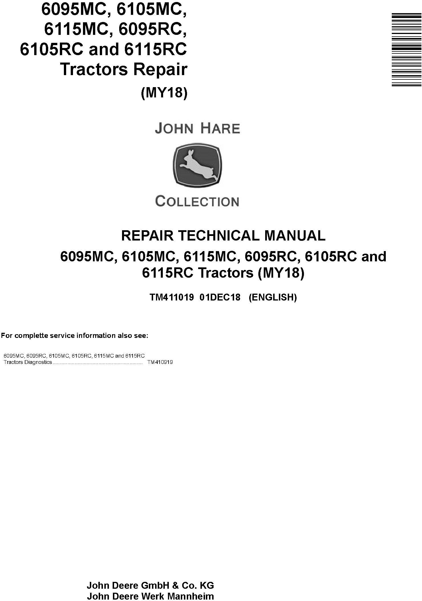 John Deere 6095MC to 6115RC Tractor Repair Technical Manual TM411019
