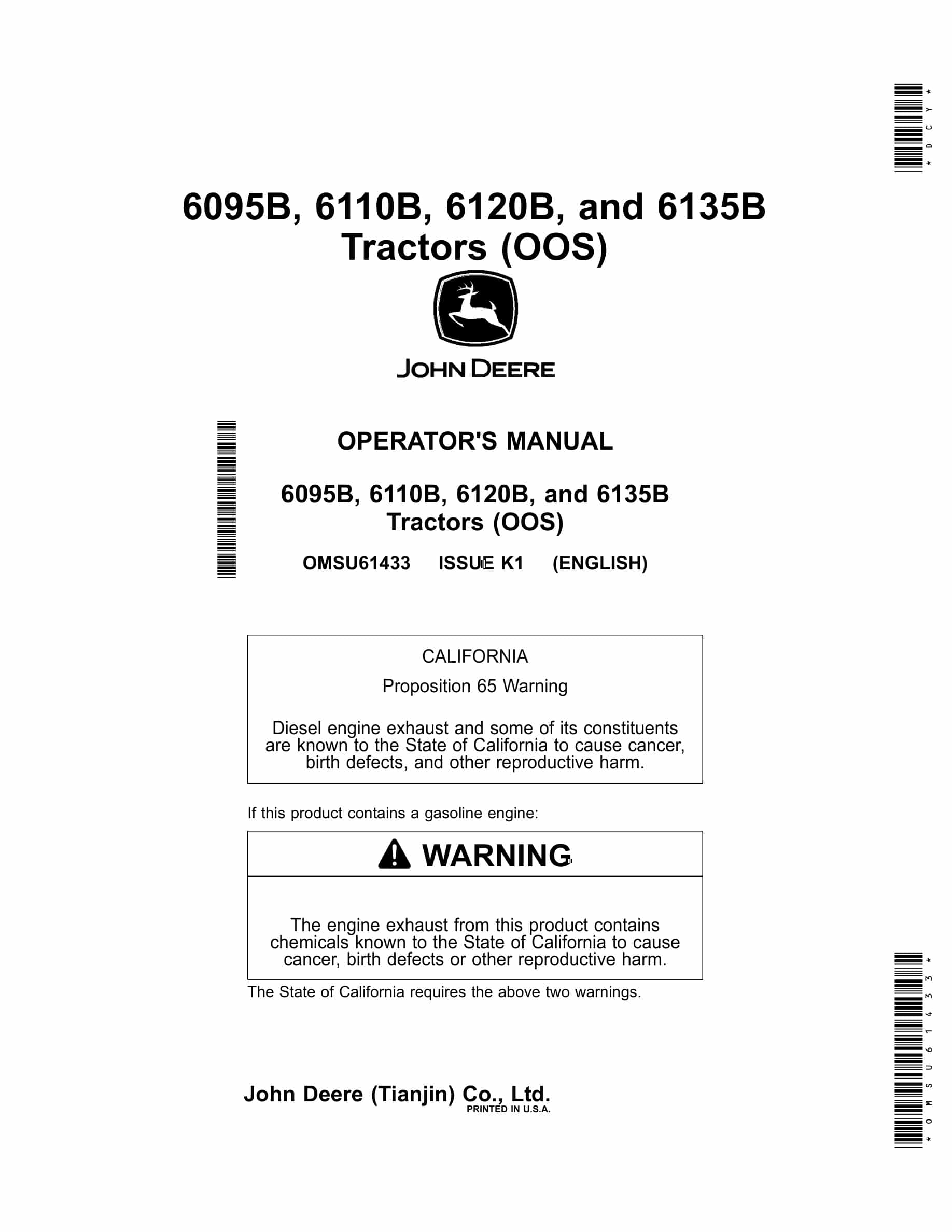 John Deere 6095b, 6110b, 6120b, And 6135b Tractors Operator Manuals OMSU61433-1