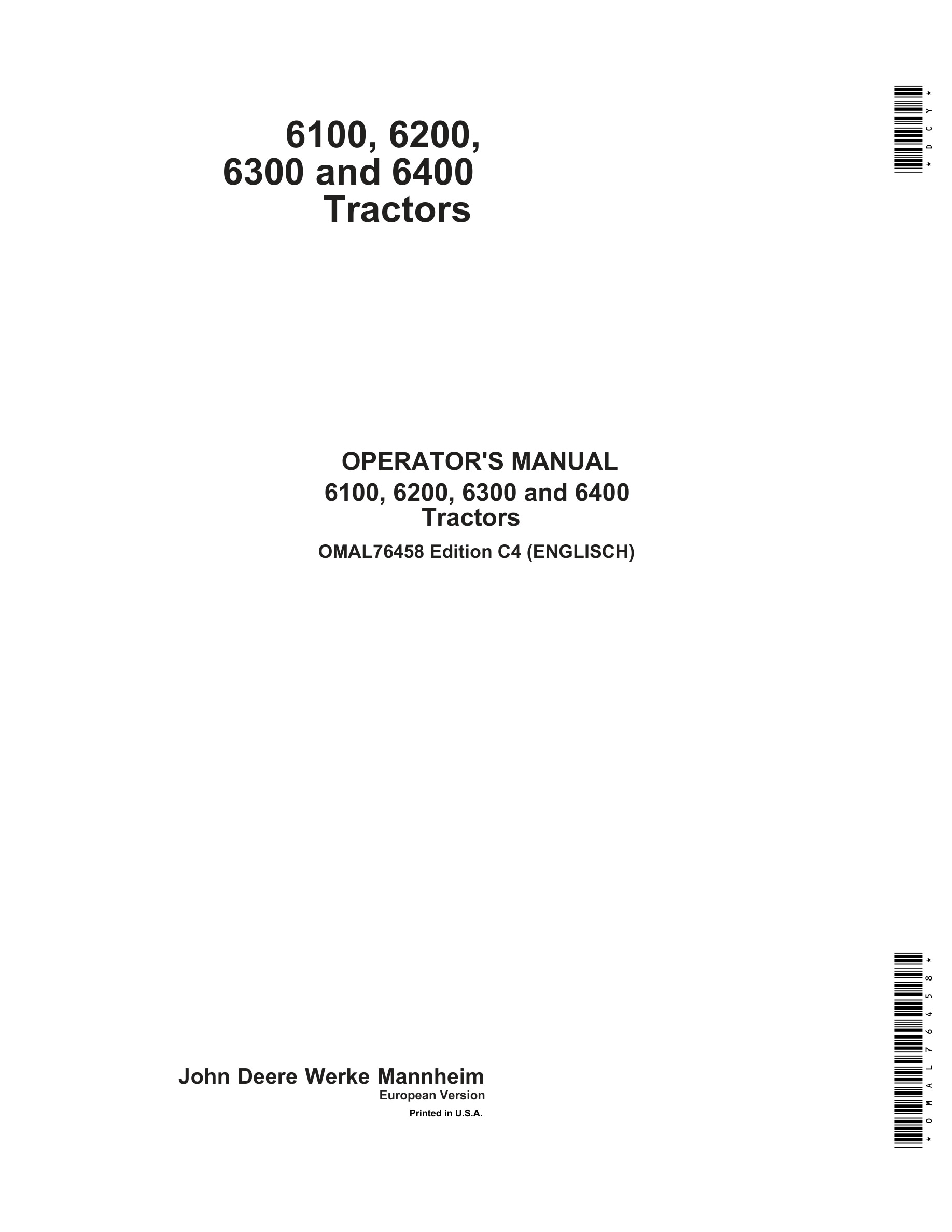 John Deere 6100 6200 6300 6400 Tractors Operator Manual OMAL76458-1