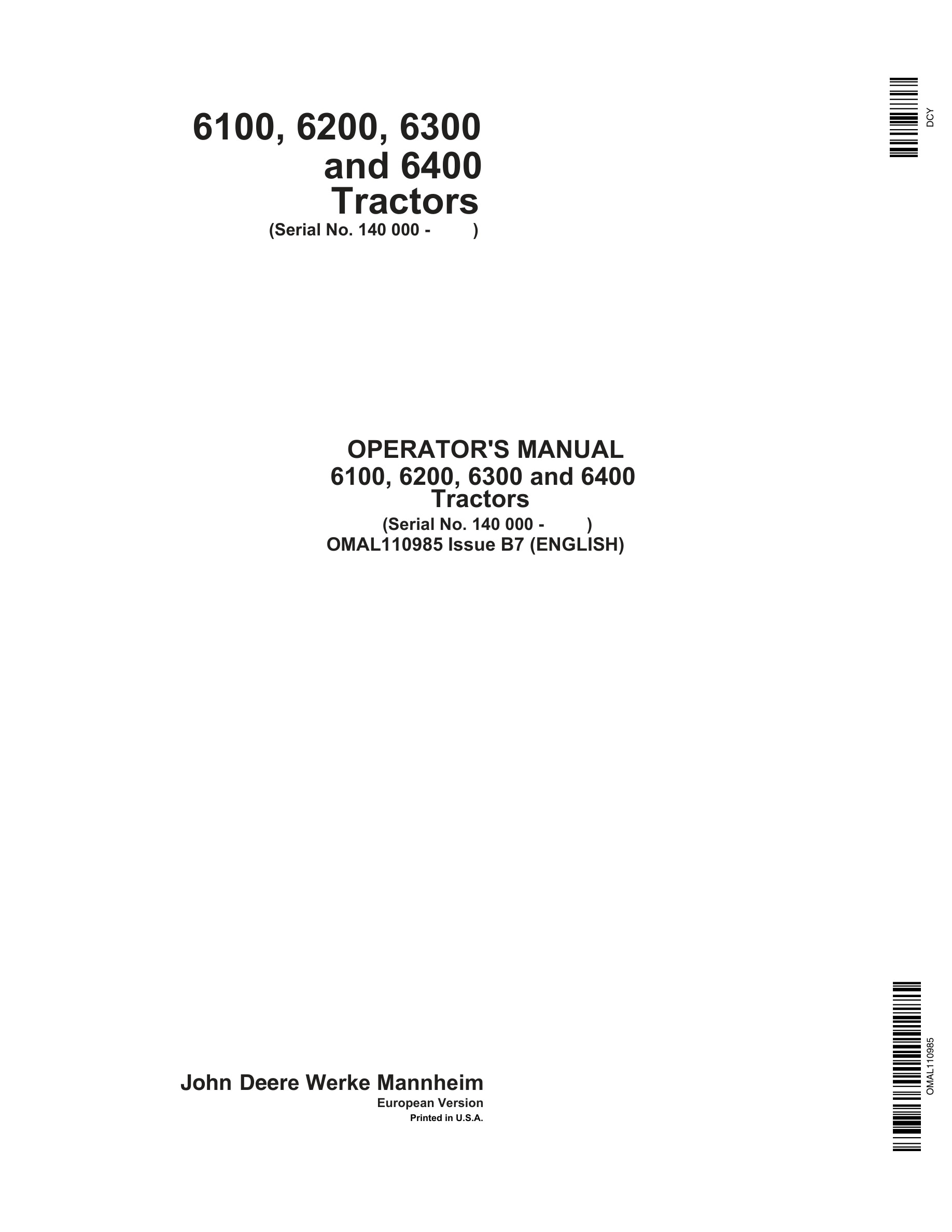 John Deere 6100 6200 6300 6400 Tractors Operator Manuals OMAL110985-1