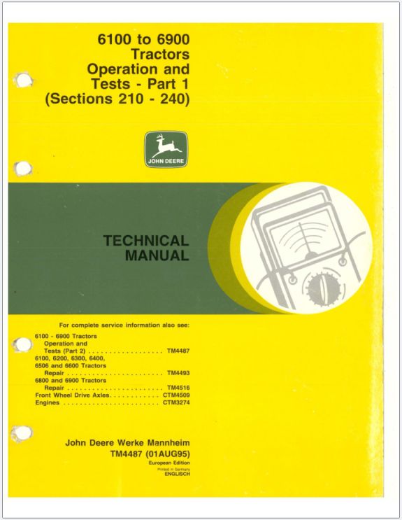 John Deere 6100 to 6900 Tractor Operation Test Technical Manual TM4487