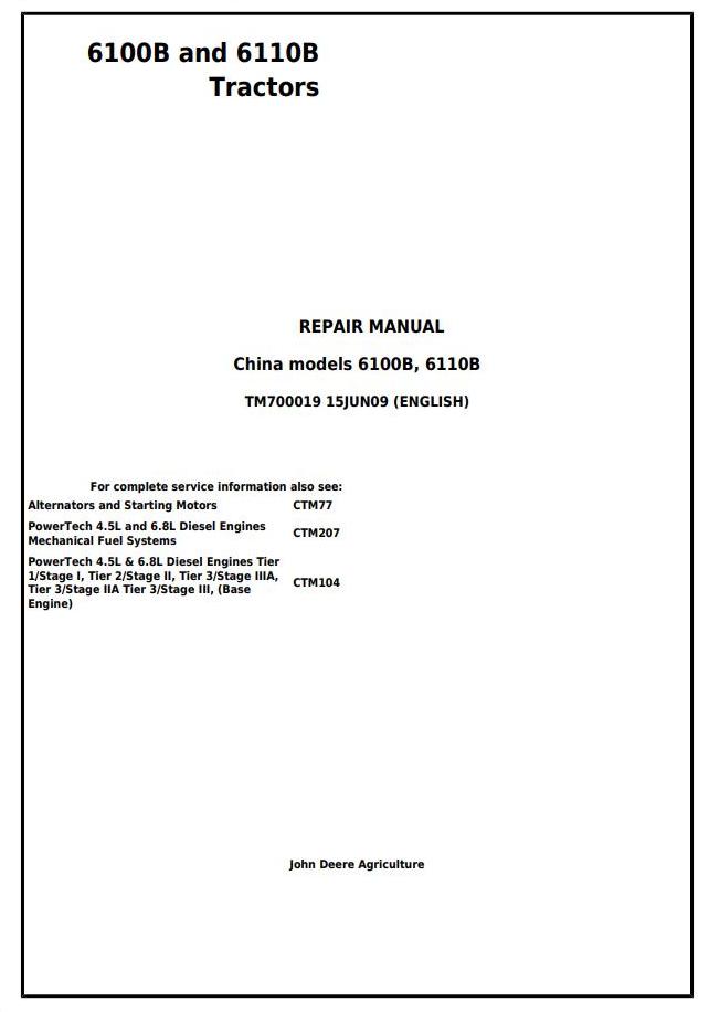 John Deere 6100B 6110B 2WD MFWD China Tractor Repair Manual TM700019