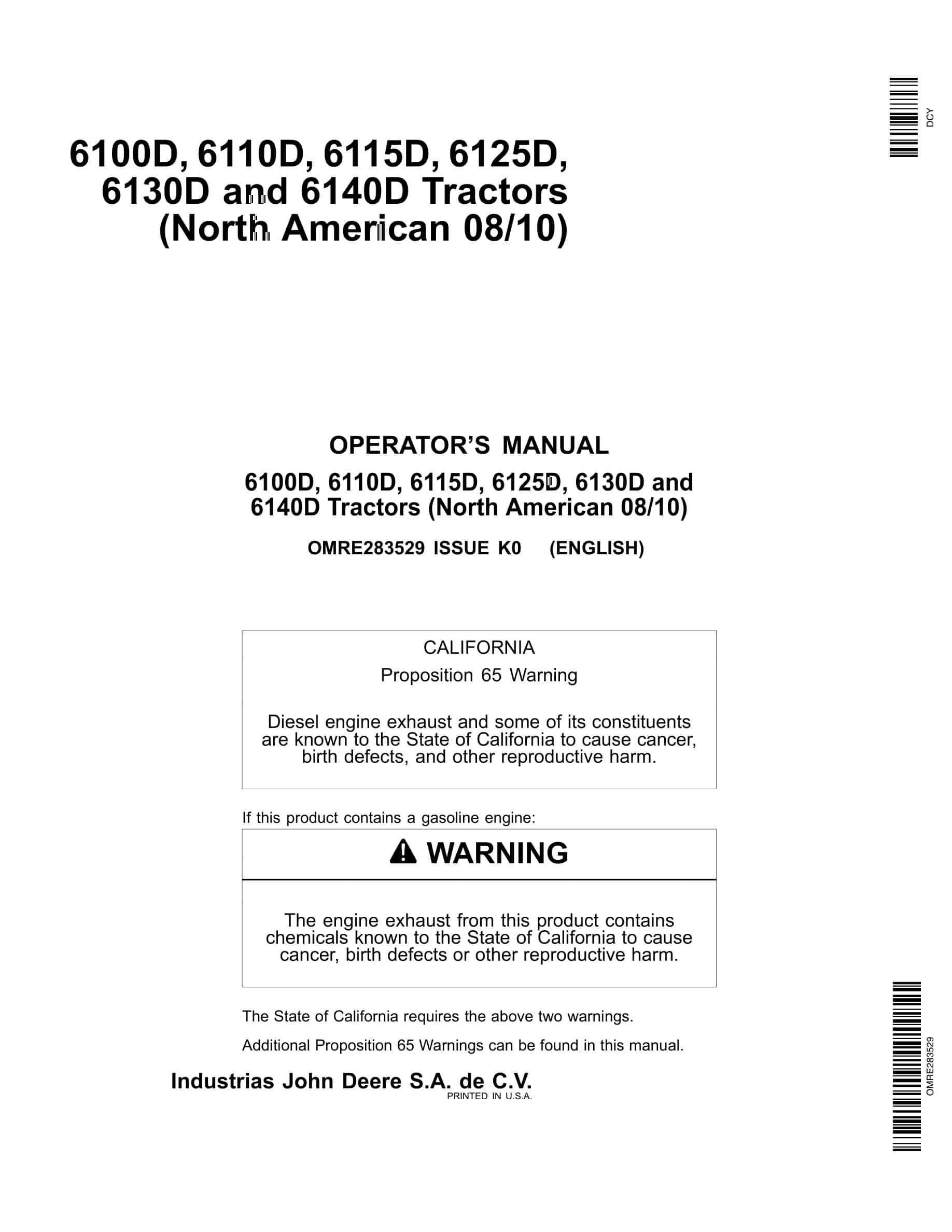 John Deere 6100D, 6110D, 6115D, 6125D, 6130D and 6140D Tractor Operator Manual OMRE283529-1