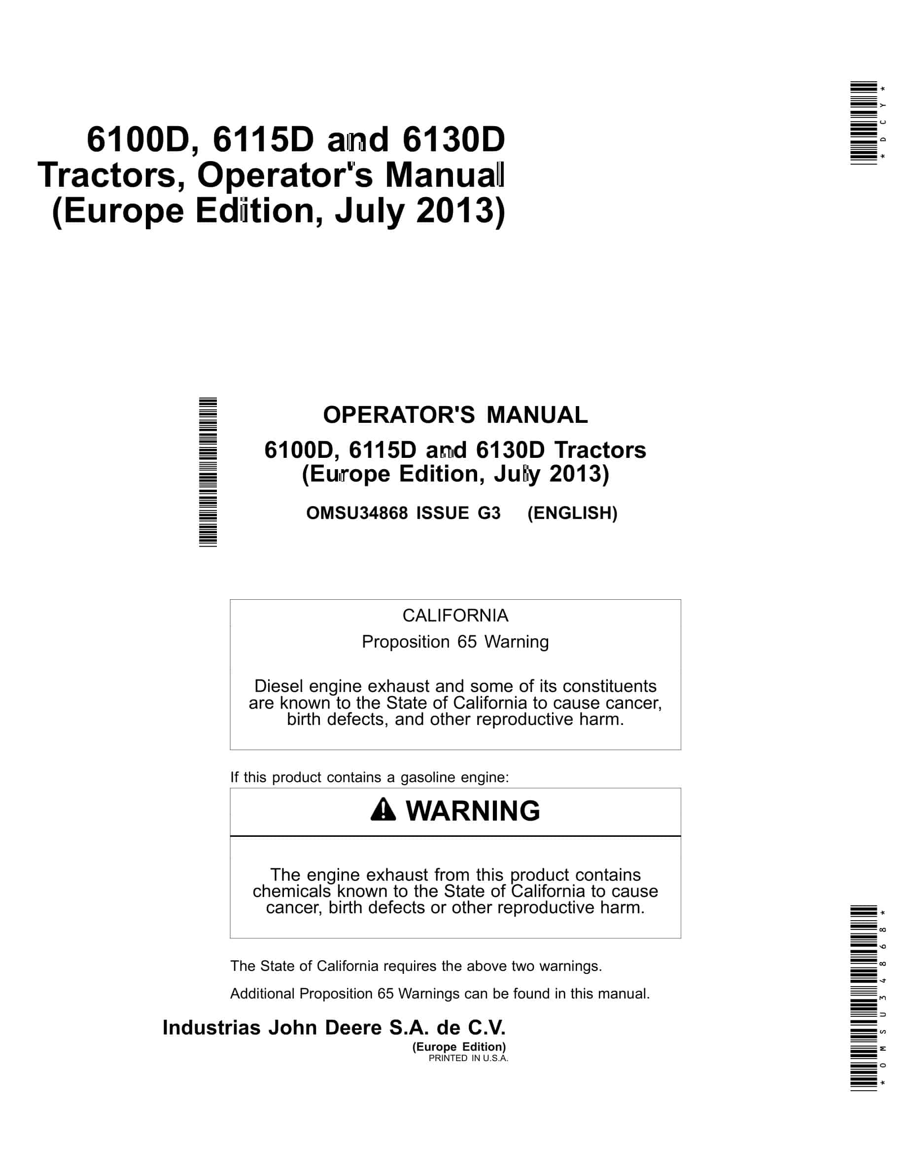 John Deere 6100d, 6115d And 6130d Tractors Operator Manuals OMSU34868-1