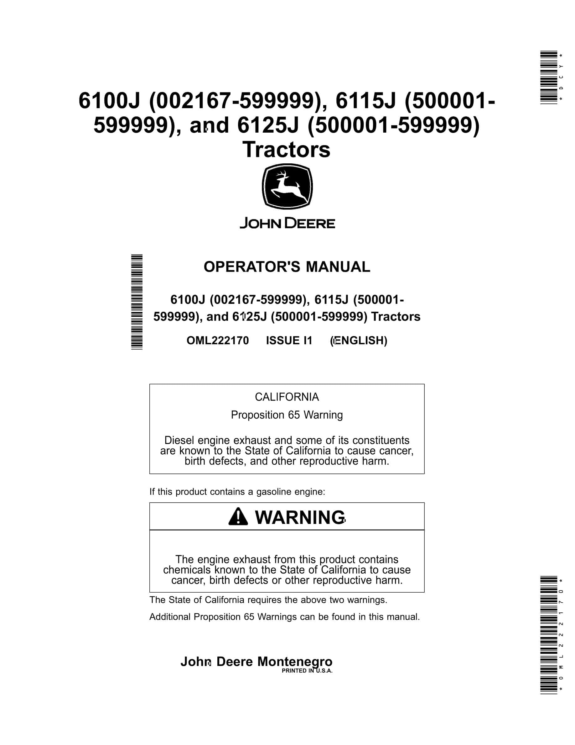 John Deere 6100j 6115j 6125j Tractors Operator Manuals OML222170-1