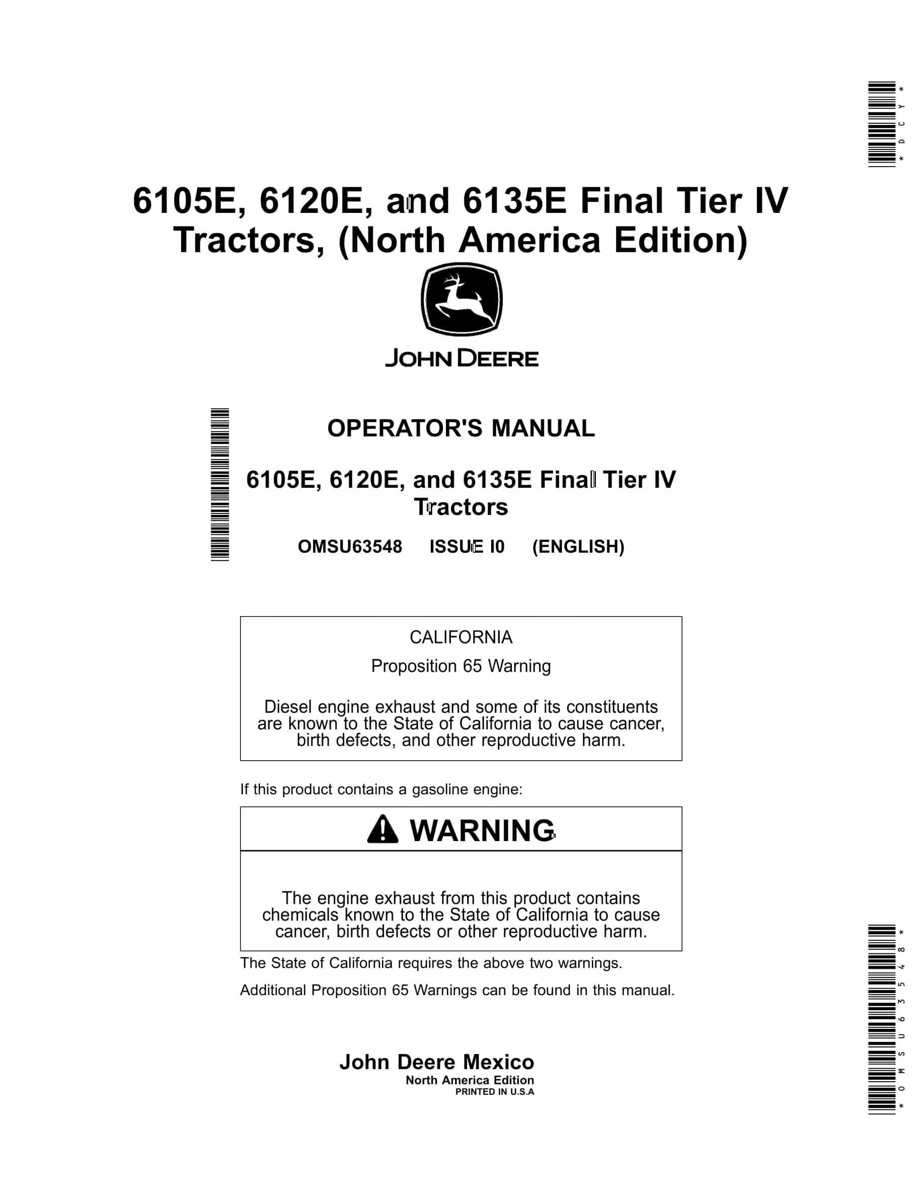 John Deere 6105E, 6120E, and 6135E Final Tier IV Tractor Operator Manual OMSU63548-1