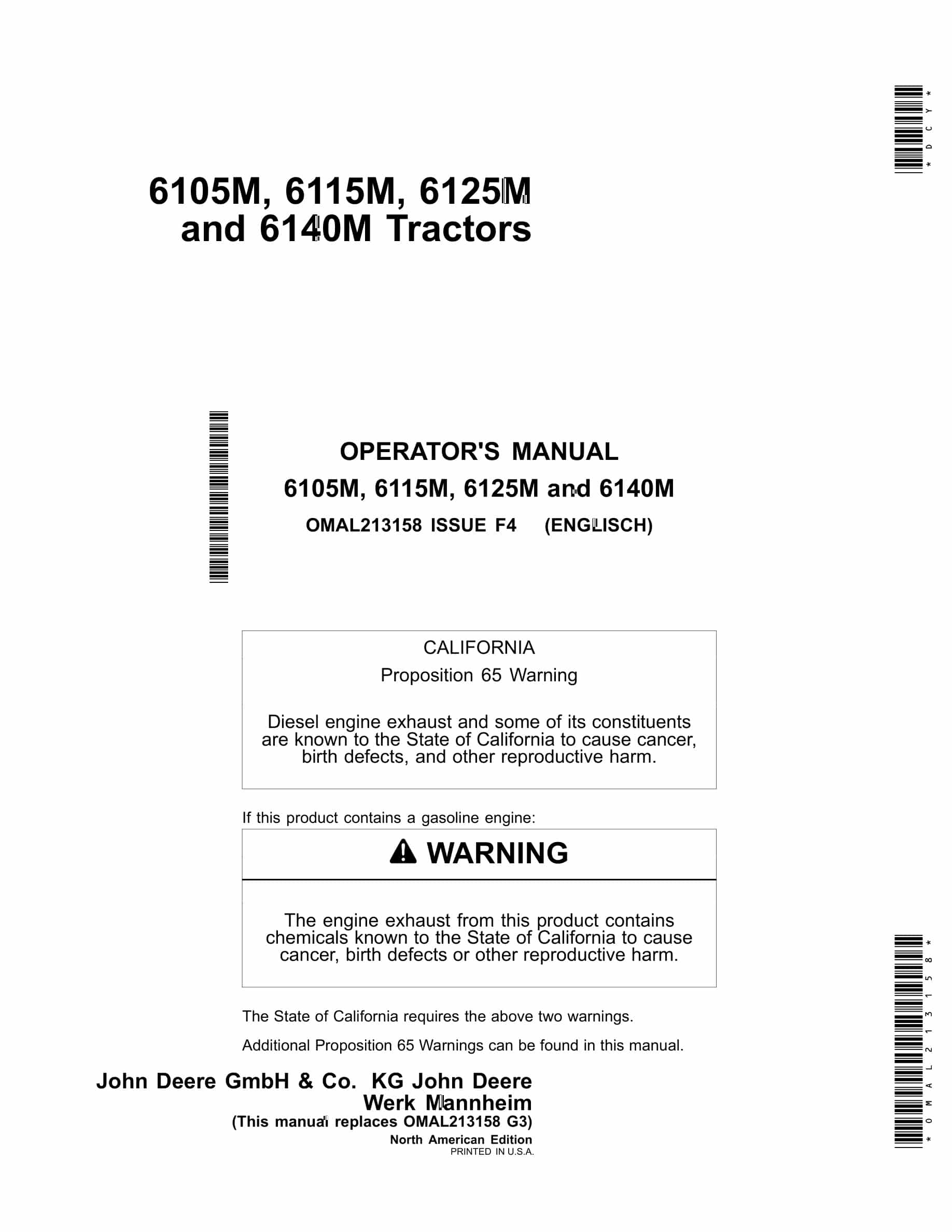 John Deere 6105M, 6115M, 6125M and 6140M Tractor Operator Manual OMAL213158-1