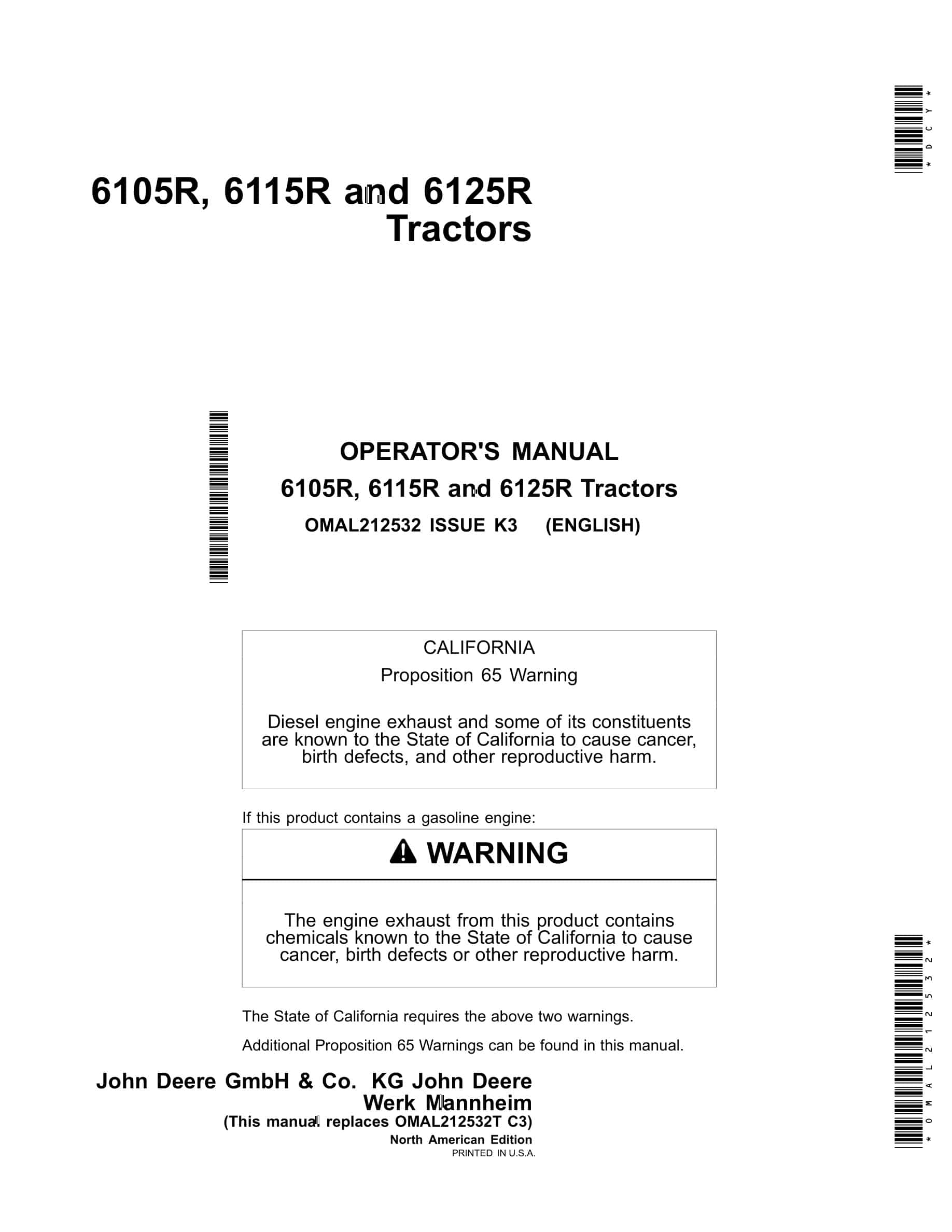 John Deere 6105R, 6115R and 6125R Tractor Operator Manual OMAL212532-1