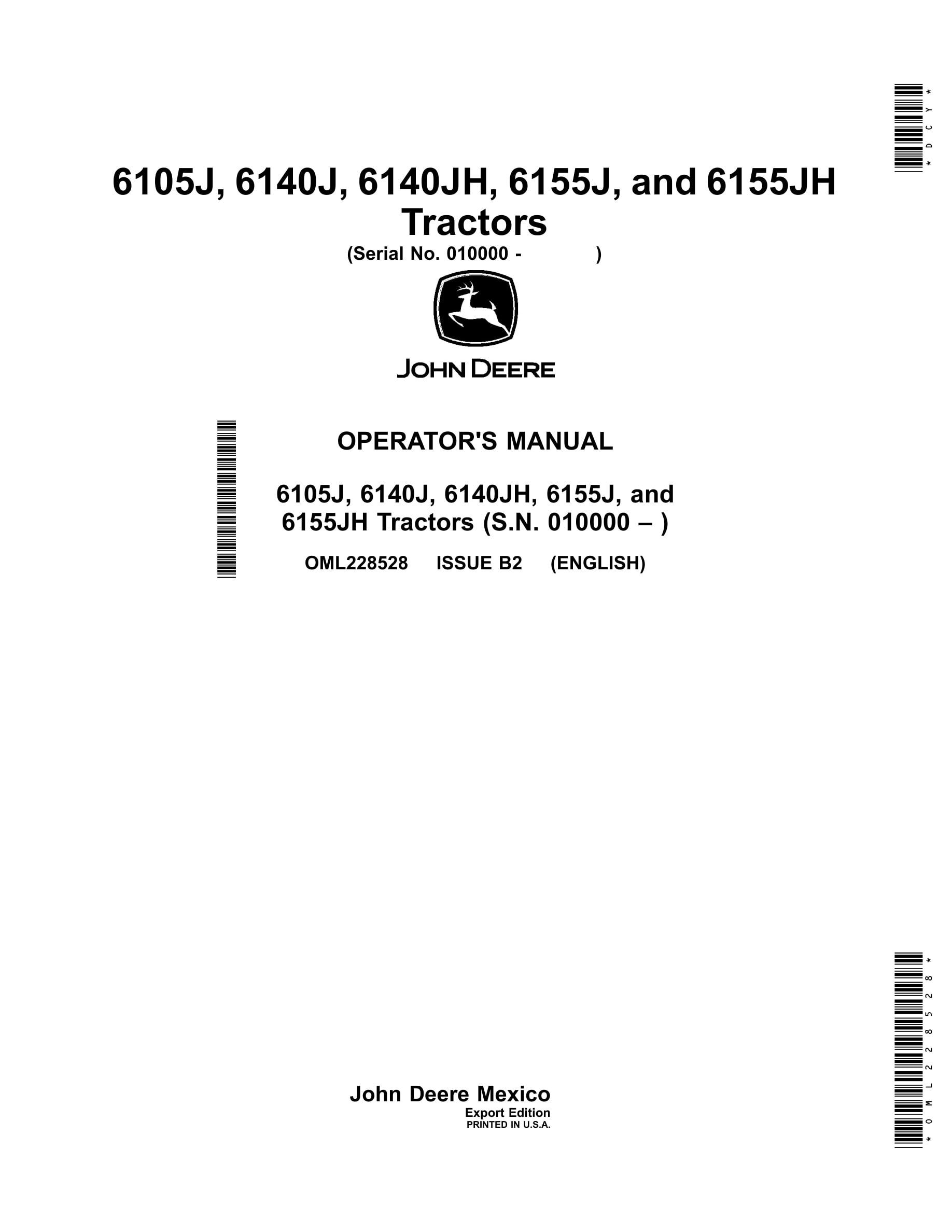 John Deere 6105j, 6140j, 6140jh, 6155j, 6155jh Tractors Operator Manuals OML228528-1