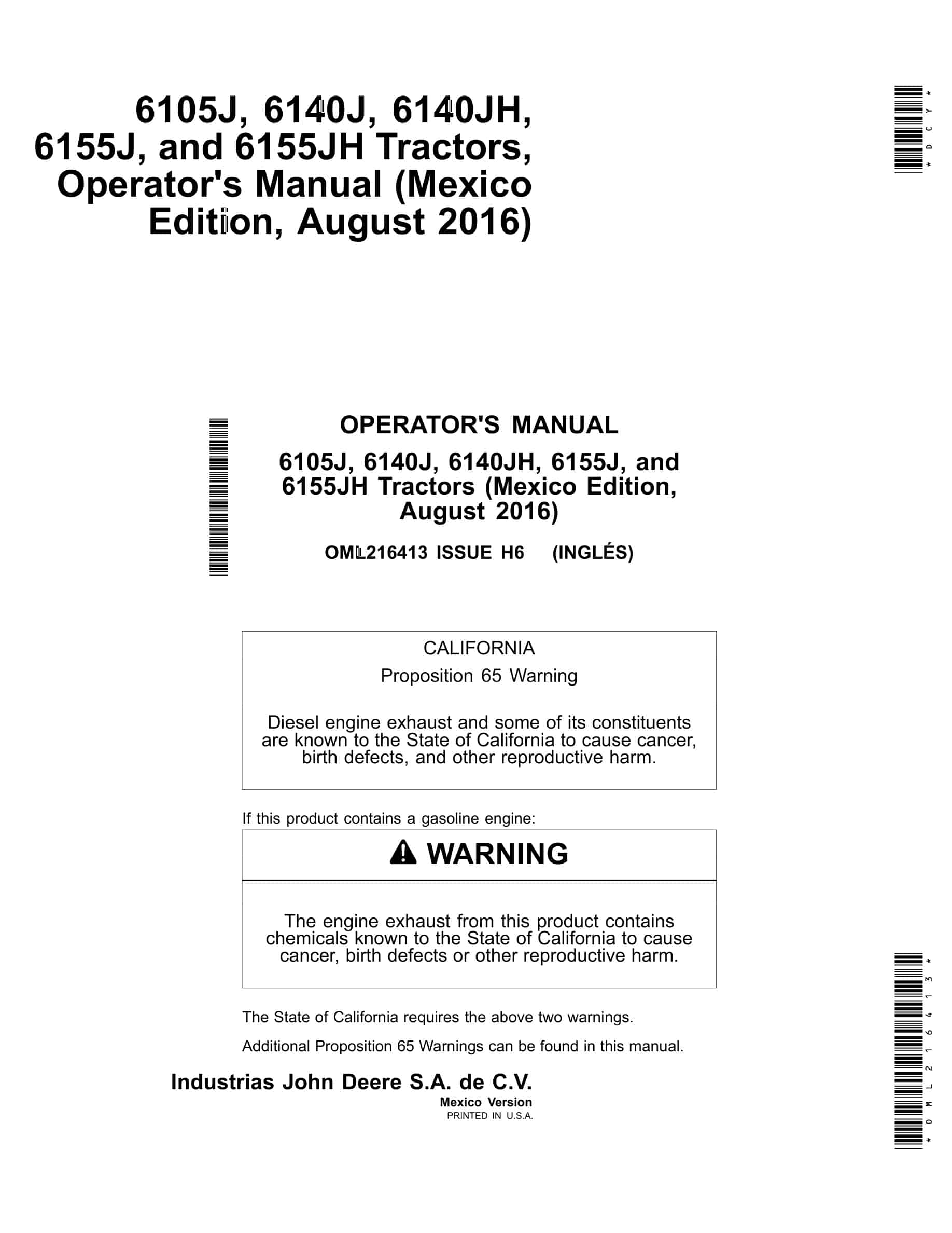John Deere 6105j, 6140j, 6140jh, 6155j, And 6155jh Tractors Operator Manuals OML216413-1
