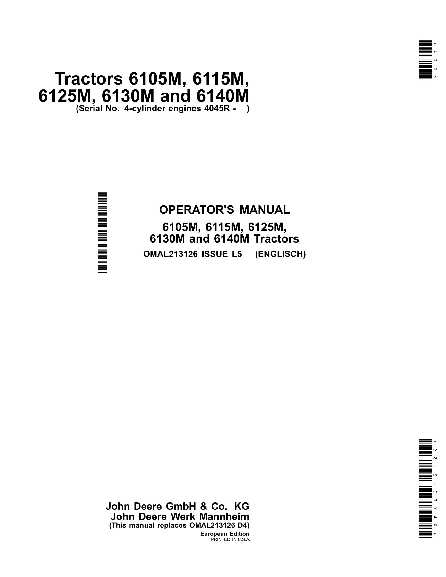 John Deere 6105m, 6115m, 6125m, 6130m And 6140m Tractors Operator Manuals OMAL213126-1