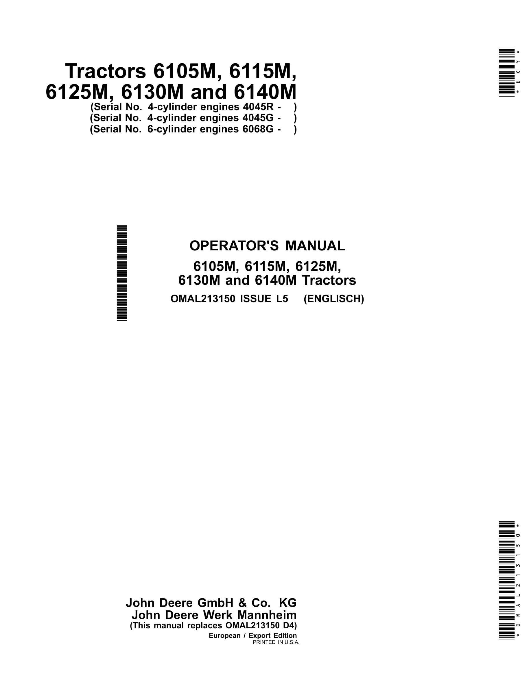 John Deere 6105m, 6115m, 6125m, 6130m And 6140m Tractors Operator Manuals OMAL213150-1