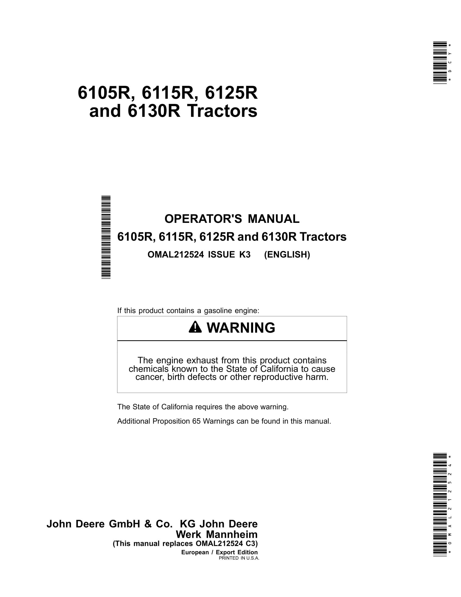 John Deere 6105r, 6115r, 6125r And 6130r Tractors Operator Manual OMAL21252-1