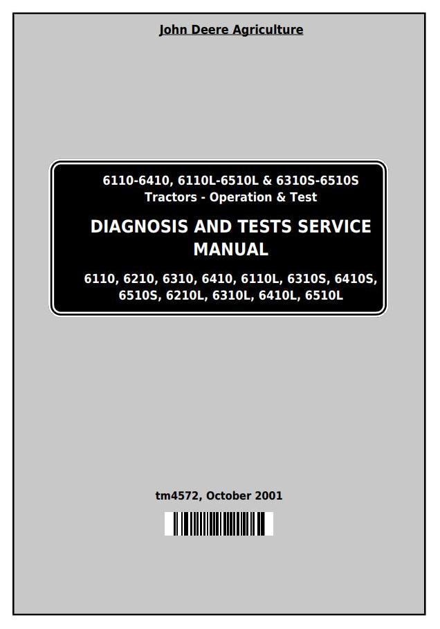John Deere 6110 to 6510S Tractor Diagnosis Operation Test Service Manual TM4572