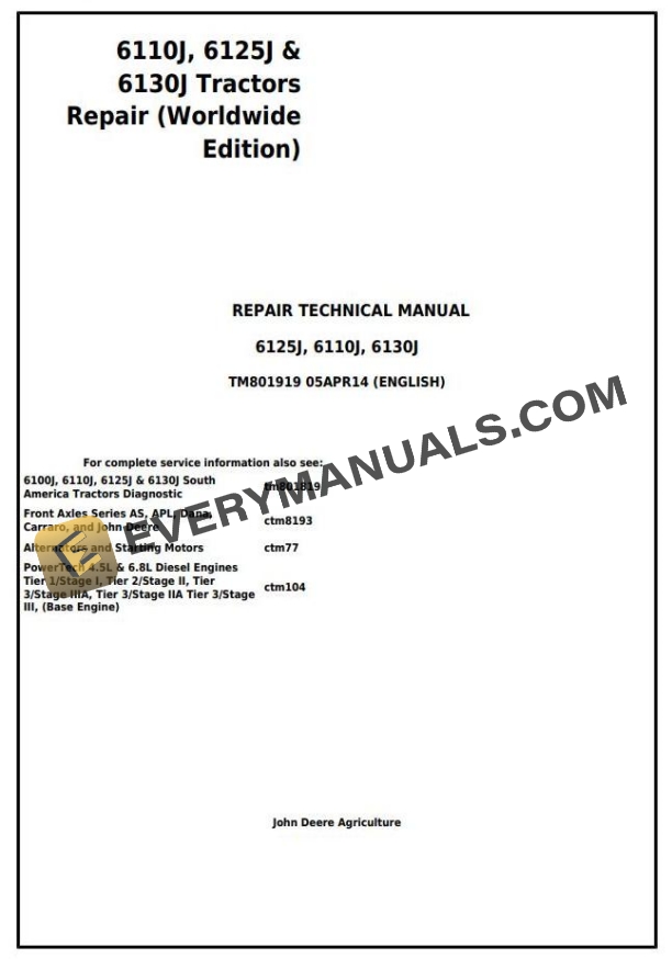 John Deere 6110J 6125J 6130J Tractor Repair Technical Manual TM801919