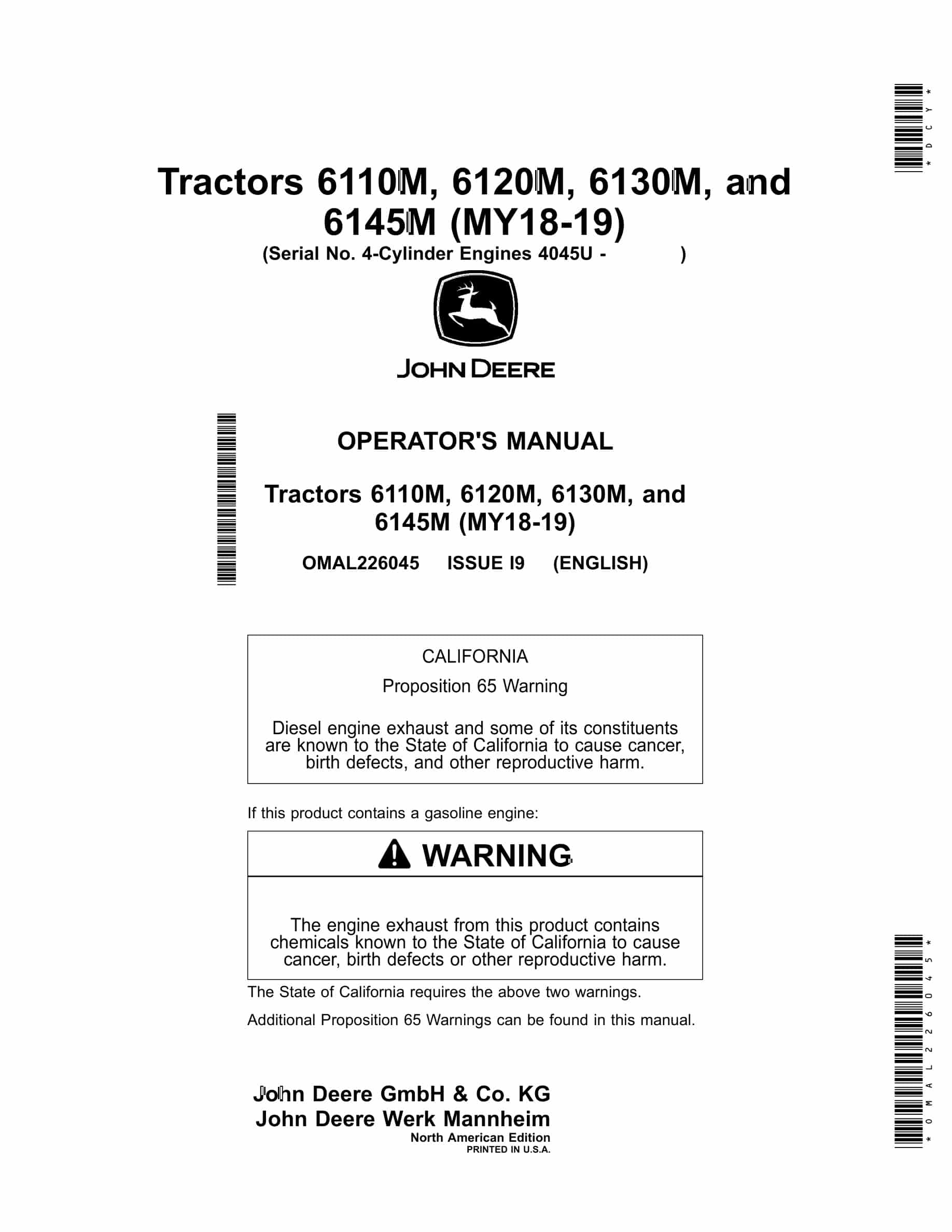 John Deere 6110M, 6120M, 6130M, and 6145M Tractor Operator Manual OMAL226045-1