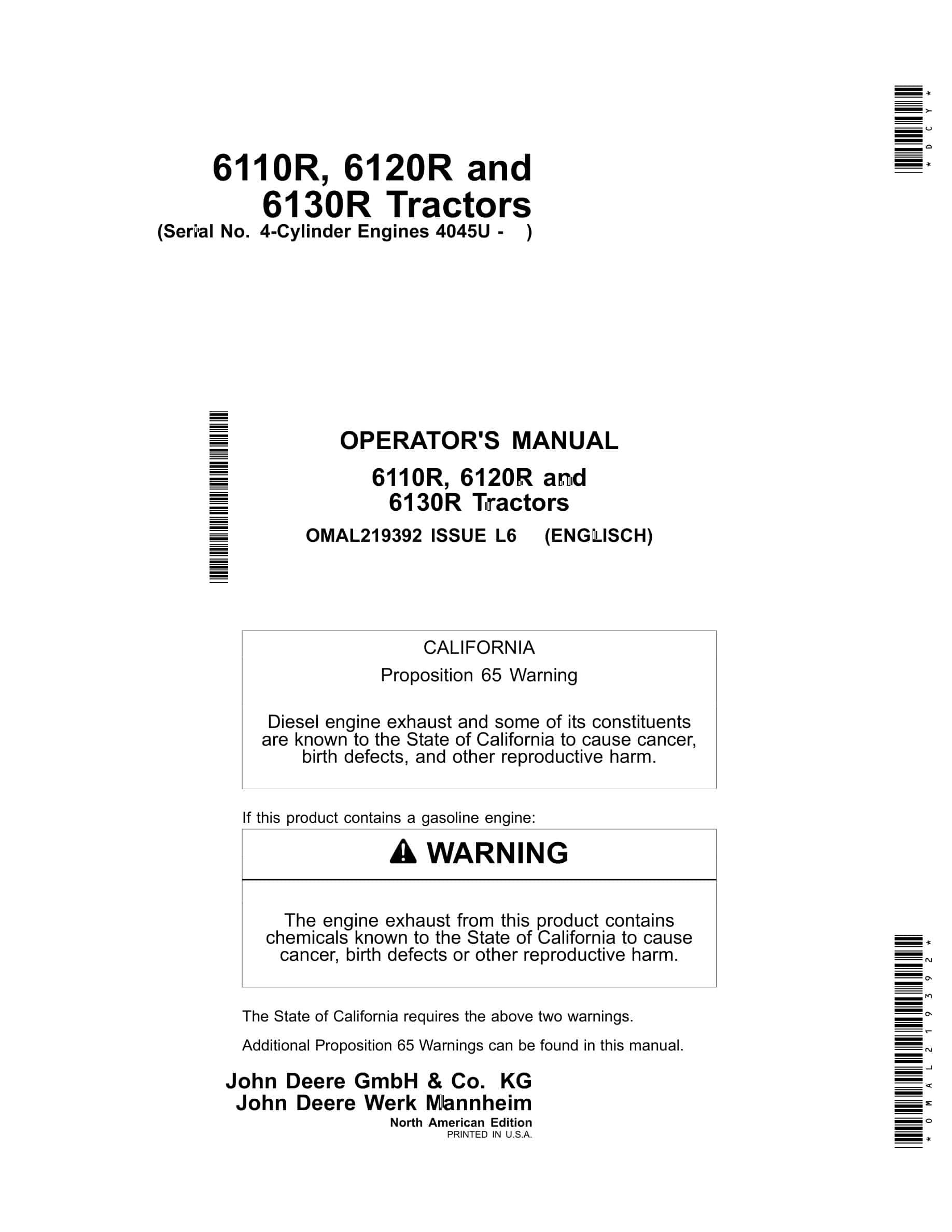John Deere 6110R, 6120R and 6130R Tractor Operator Manual OMAL219392-1