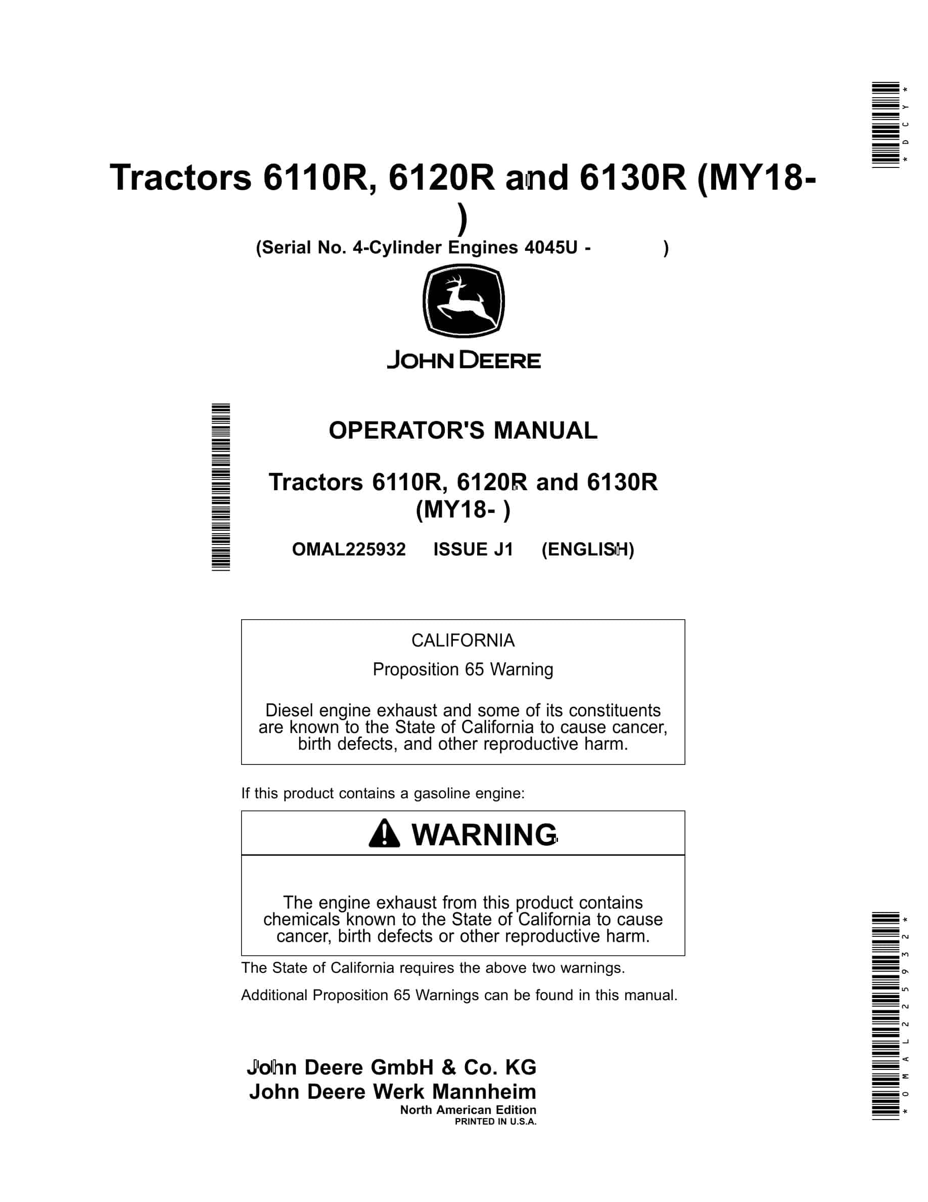 John Deere 6110R, 6120R and 6130R Tractor Operator Manual OMAL225932-1