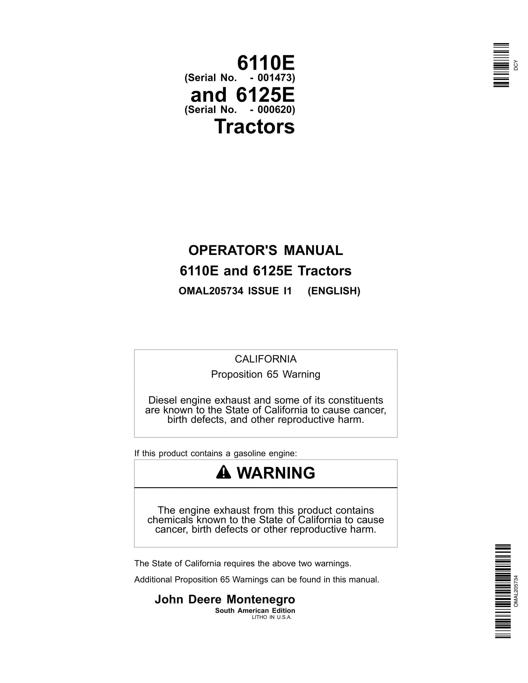 John Deere 6110e And 6125e Tractors Operator Manuals OMAL205734-1