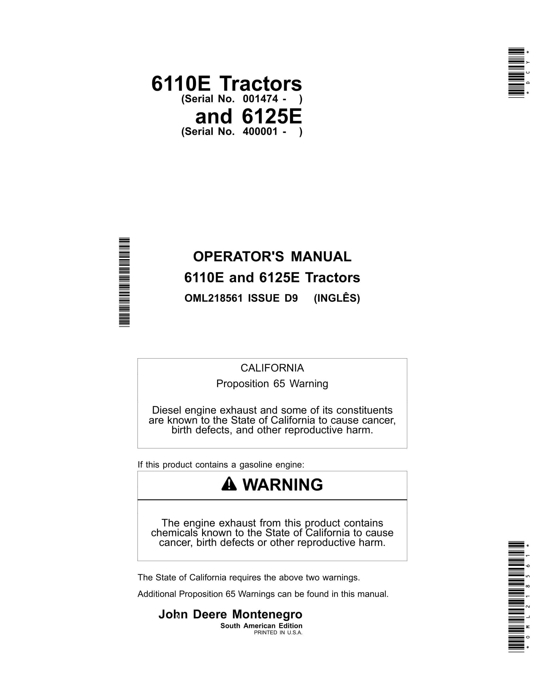 John Deere 6110e And 6125e Tractors Operator Manuals OML218561-1