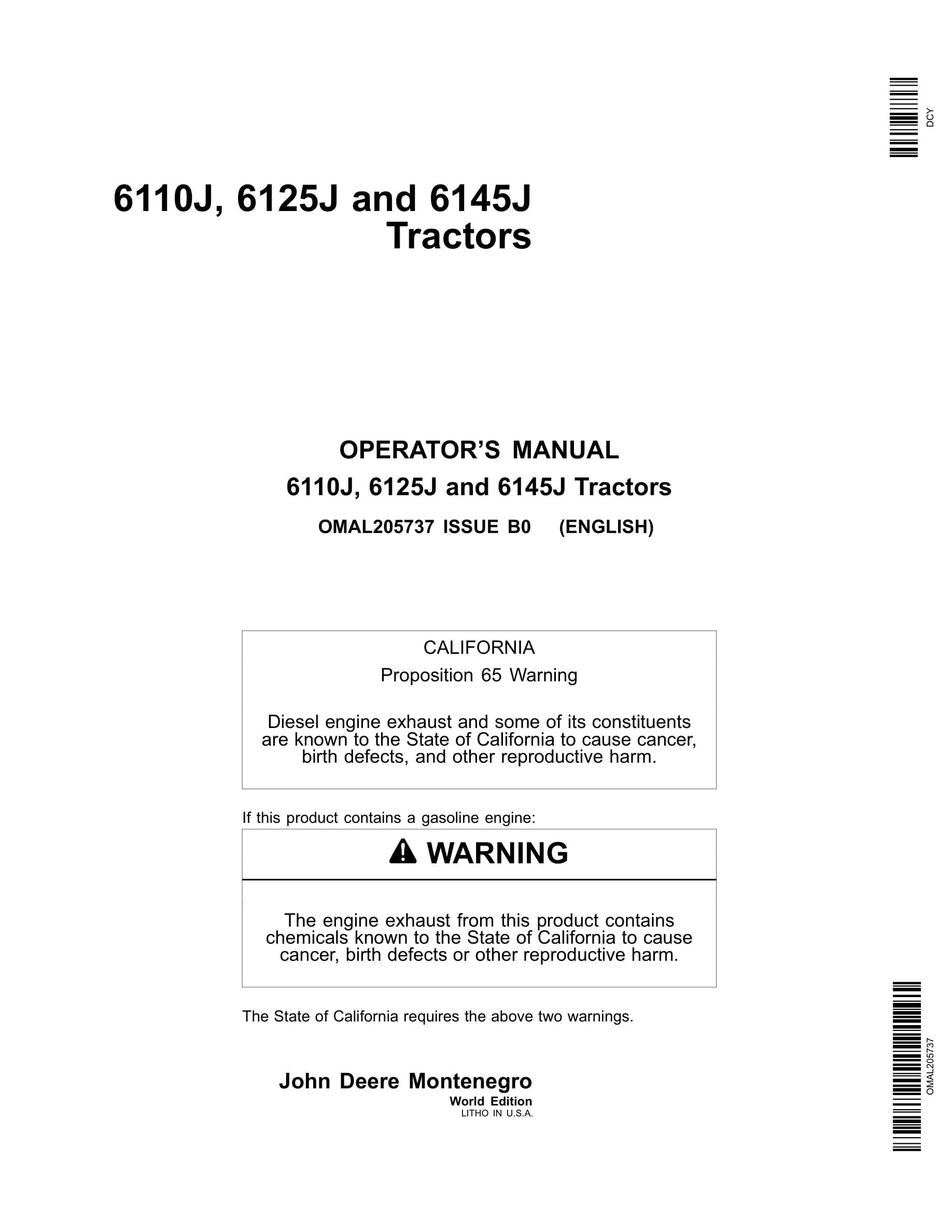 John Deere 6110j 6125j 6145j Tractors Operator Manuals OMAL205737-1