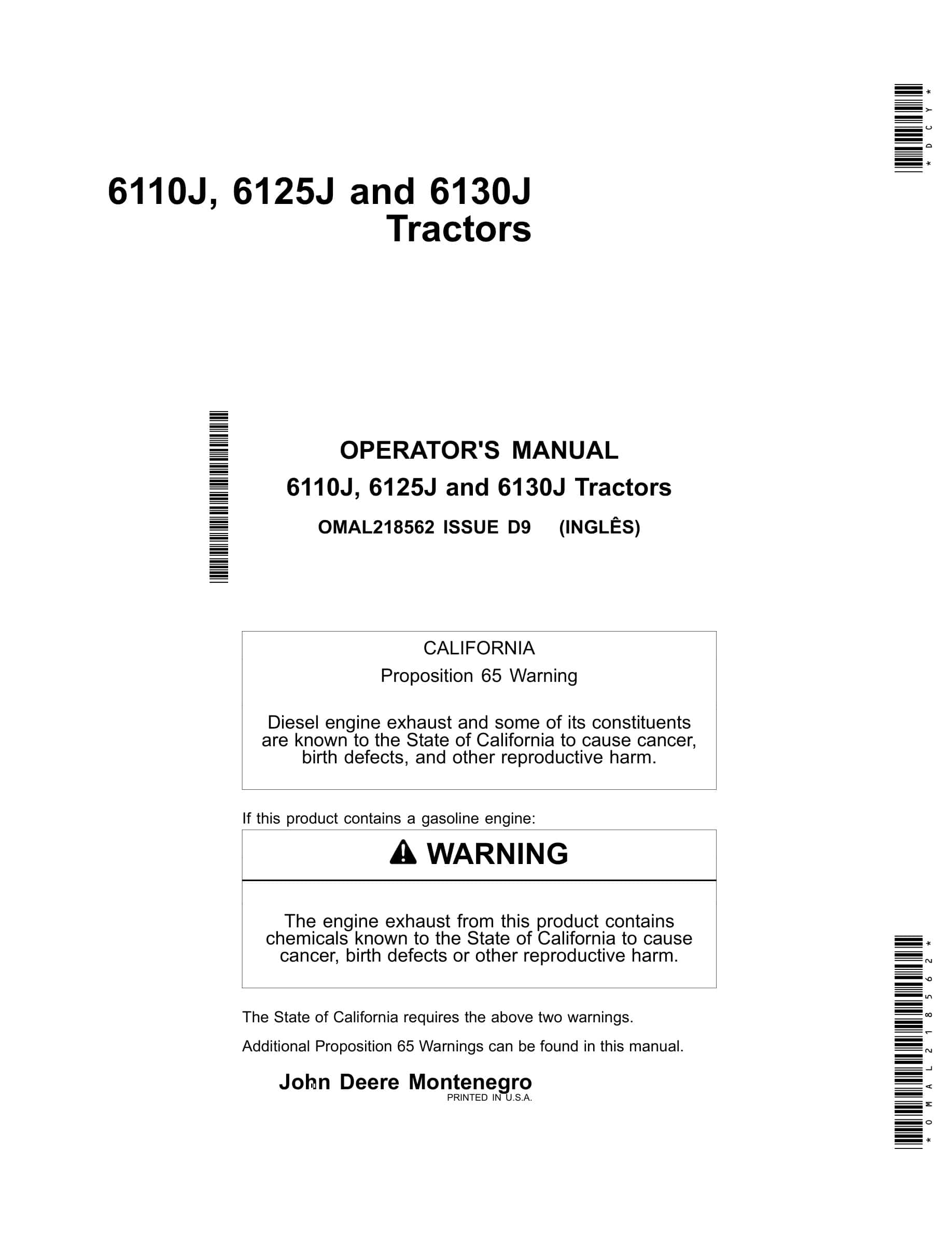 John Deere 6110j, 6125j And 6130j Tractors Operator Manuals OMAL218562-1