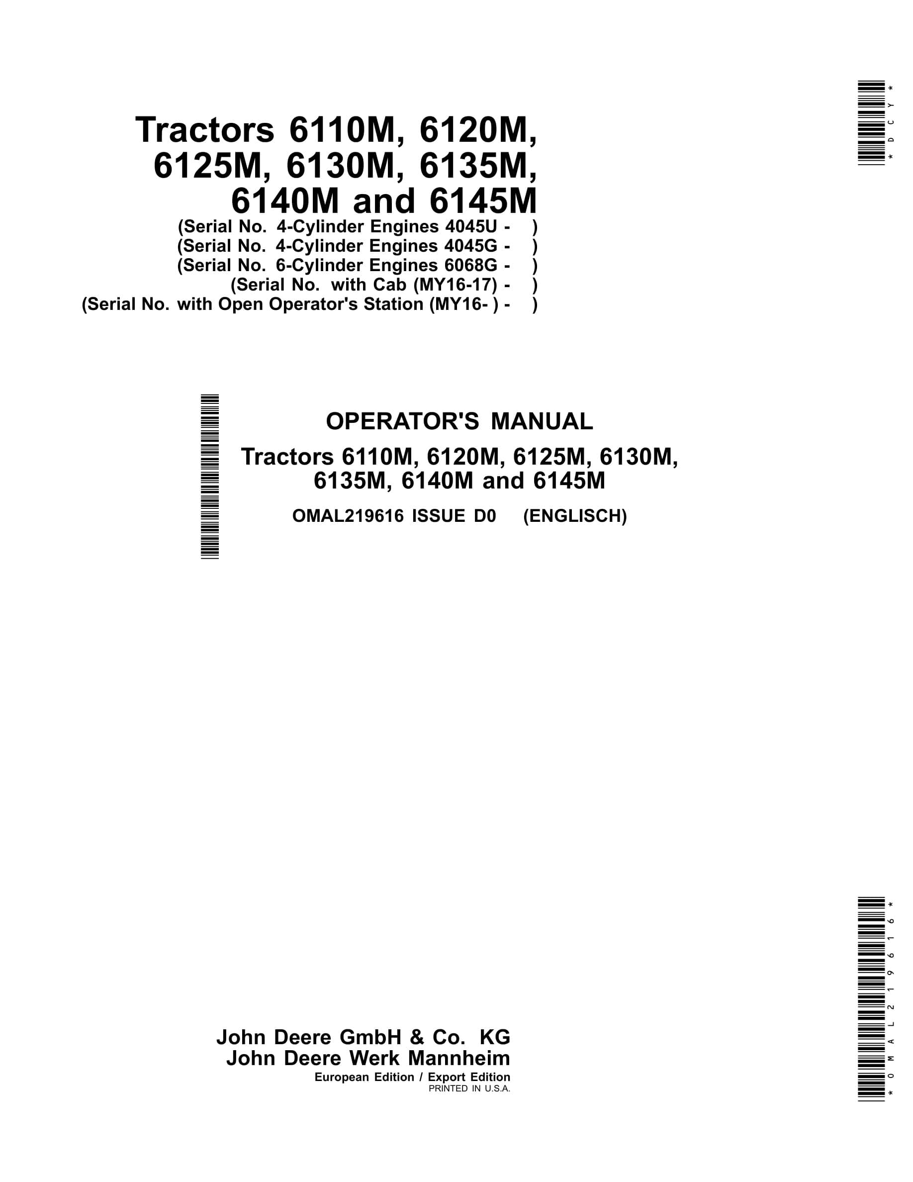John Deere 6110m, 6120m, 6125m, 6130m 6135m, 6140m And 6145m Tractors Operator Manuals OMAL219616-1
