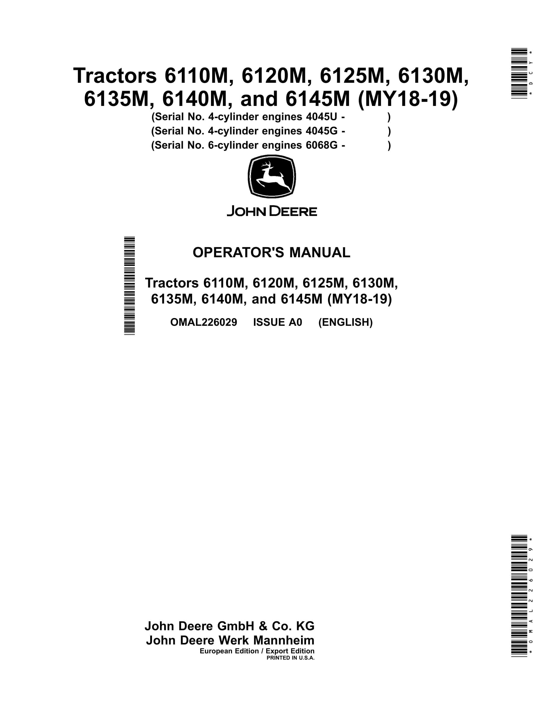 John Deere 6110m, 6120m, 6125m, 6130m, 6135m, 6140m, And 6145m Tractors Operator Manuals OMAL226029-1