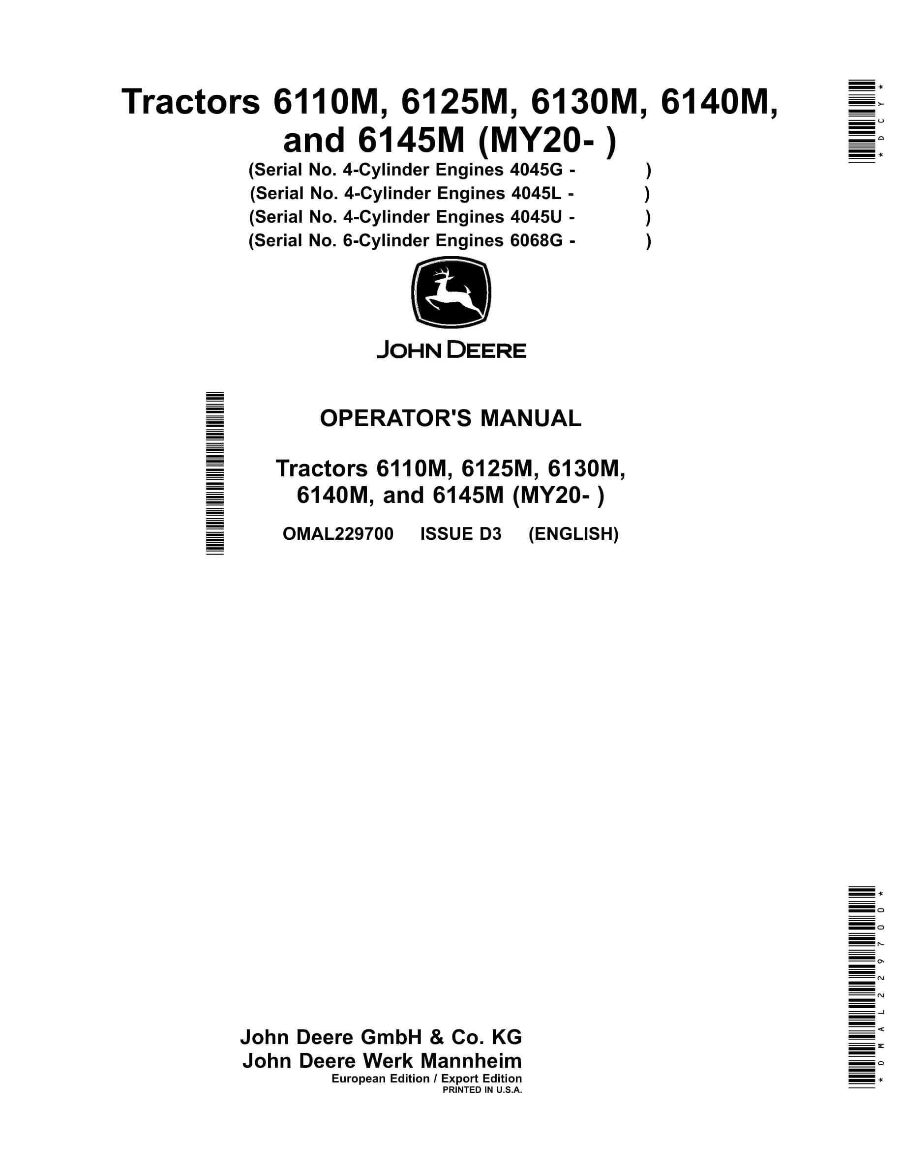 John Deere 6110m, 6125m, 6130m 6140m, And 6145m (my20- ) Tractors Operator Manuals OMAL229700-1