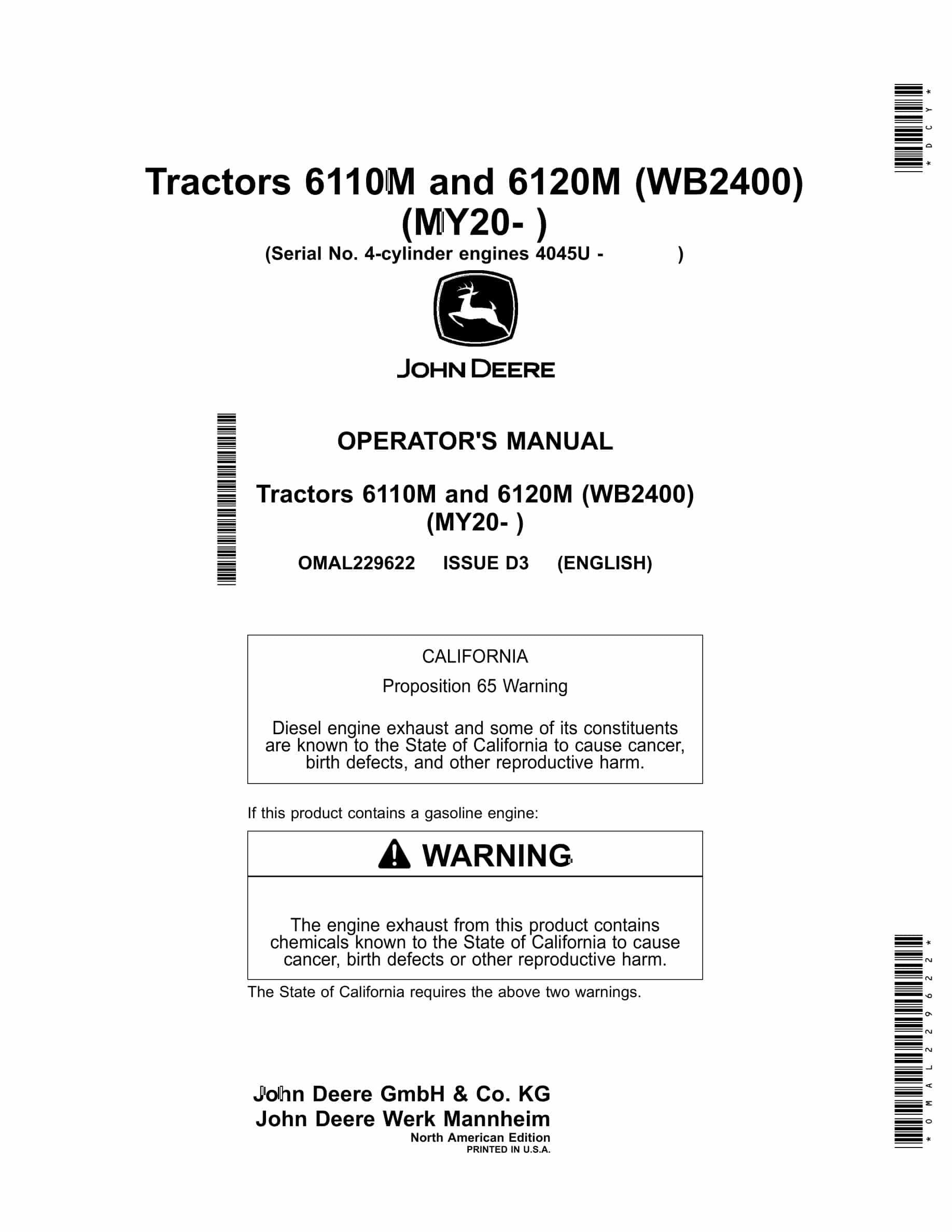 John Deere 6110m And 6120m Tractors Operator Manuals (my20- ) OMAL229622-1