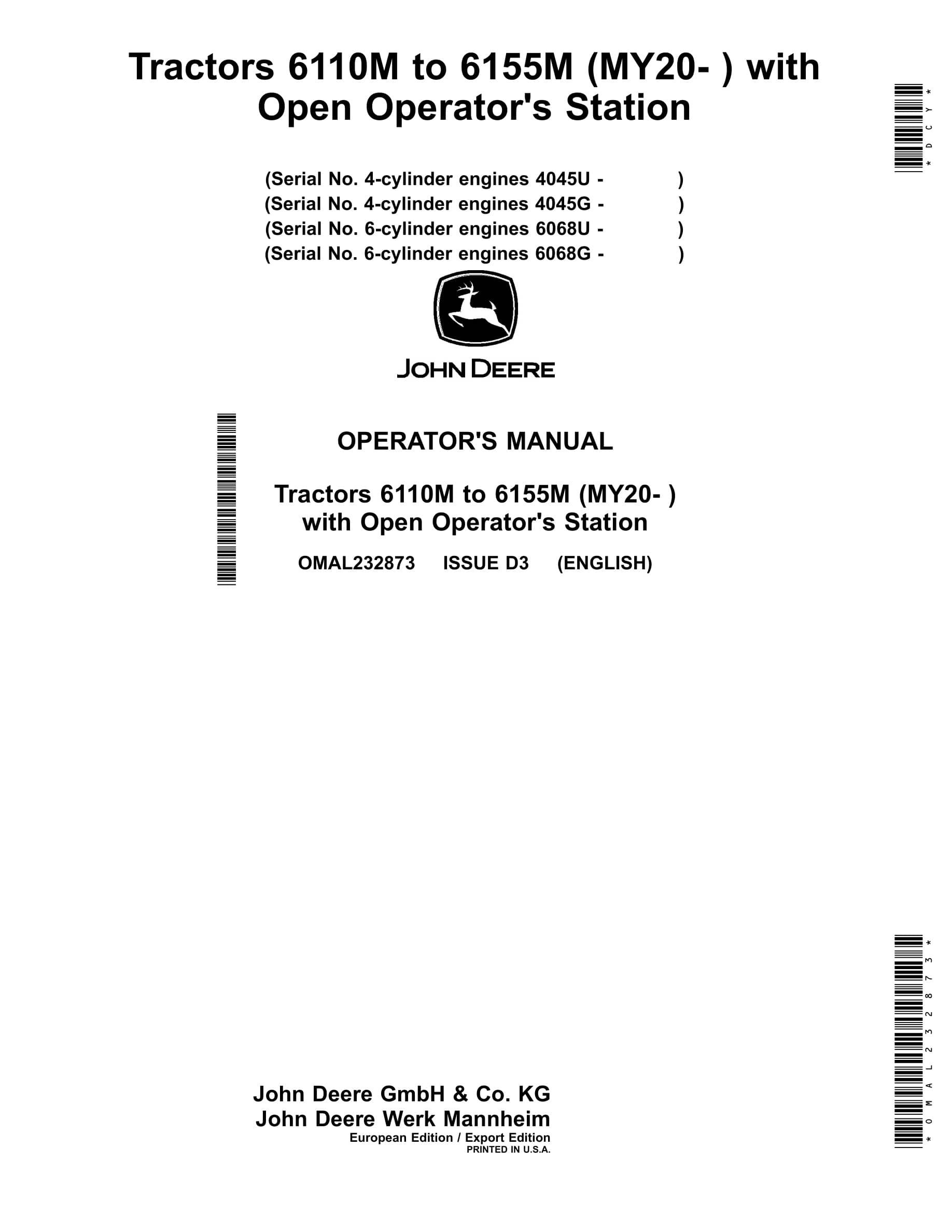 John Deere 6110m To 6155m (my20- ) Tractors Operator Manuals OMAL232873-1