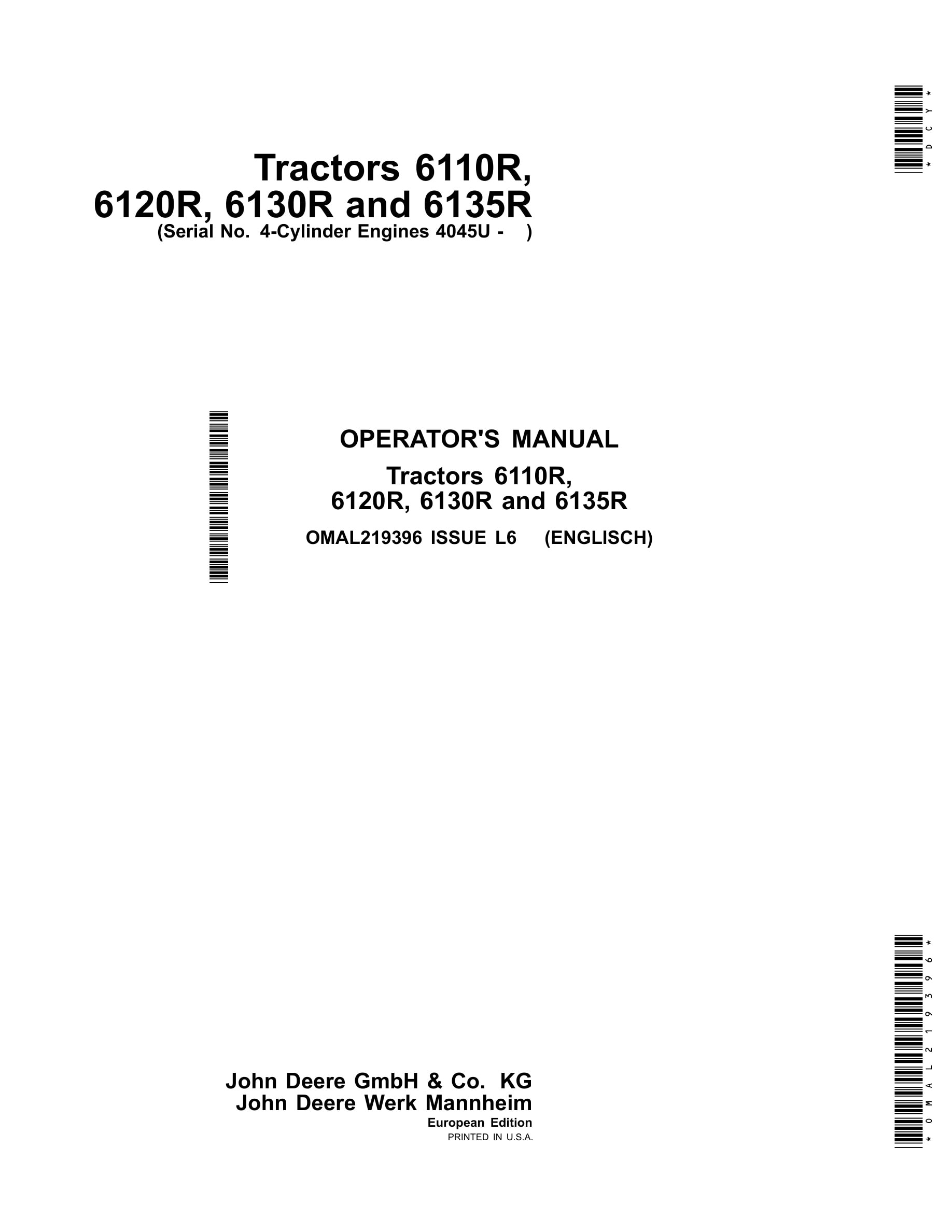 John Deere 6110r, 6120r, 6130r And 6135r Tractors Operator Manuals OMAL219396-1