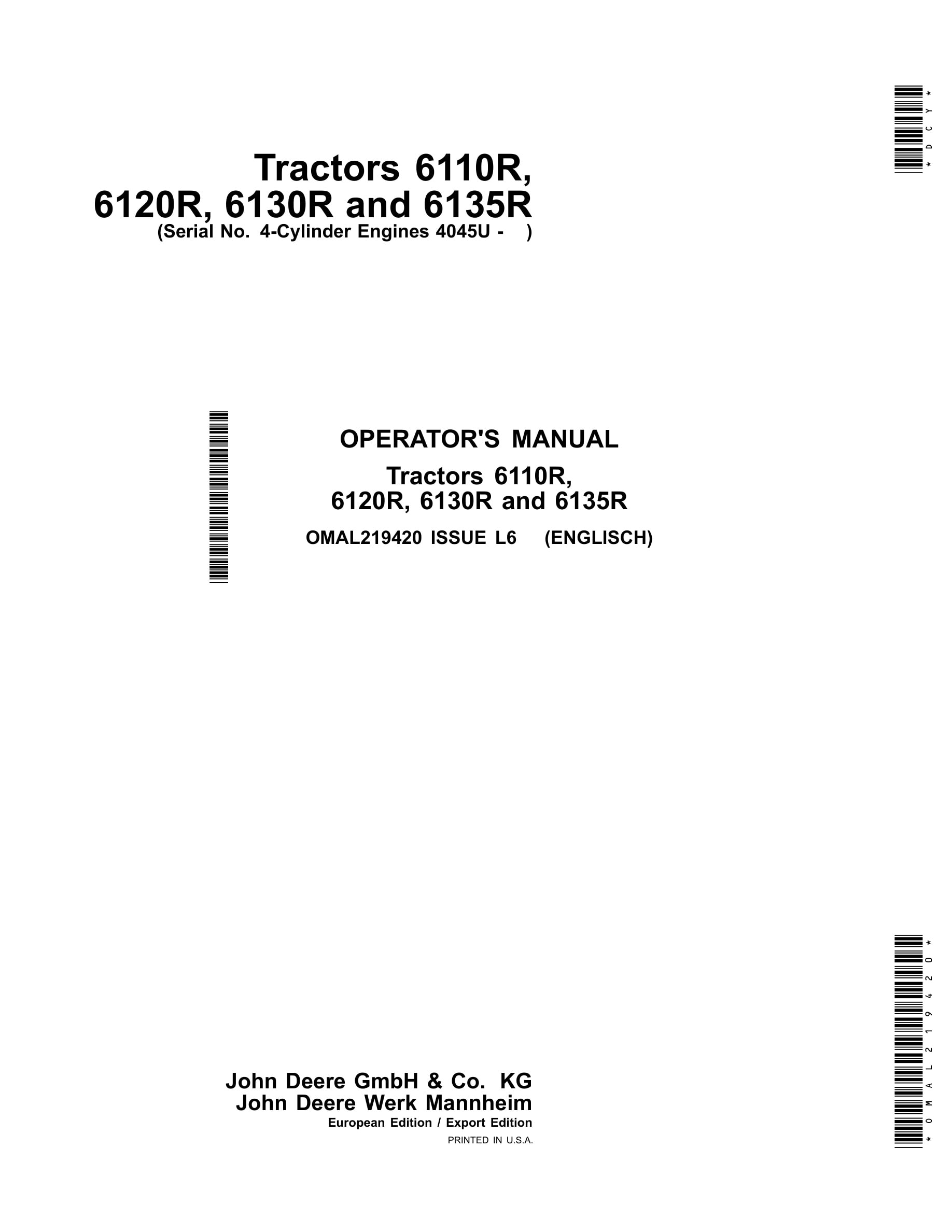 John Deere 6110r 6120r, 6130r And 6135r Tractors Operator Manuals OMAL219420-1
