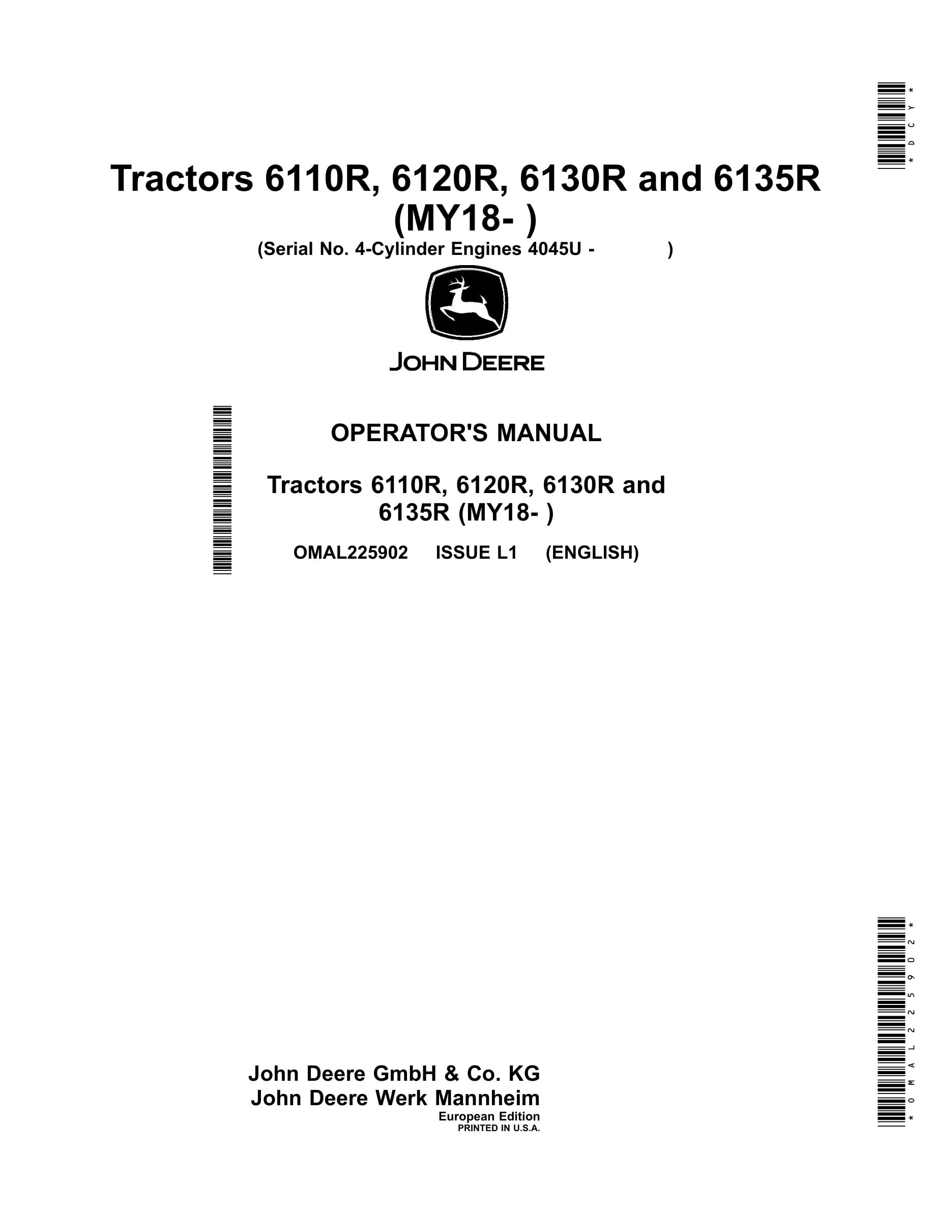 John Deere 6110r, 6120r, 6130r And 6135r Tractors Operator Manuals OMAL225902-1