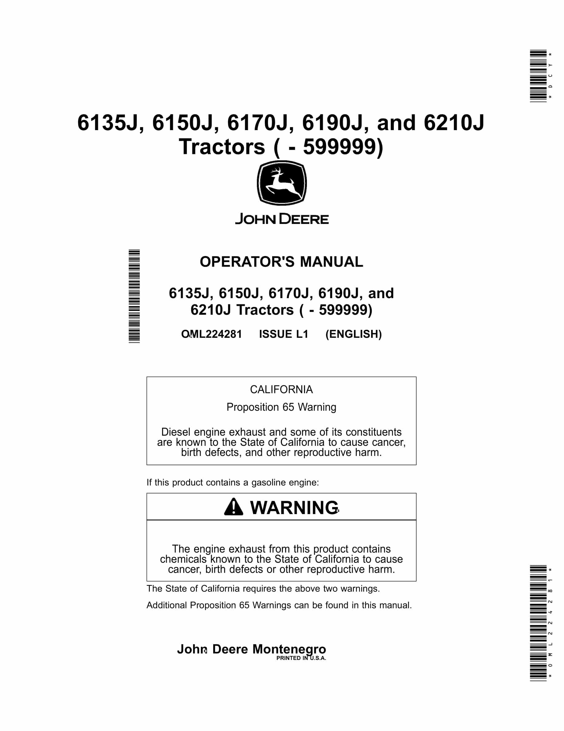 John Deere 6135j, 6150j, 6170j, 6190j 6210j Tractors Operator Manuals OML224281-1