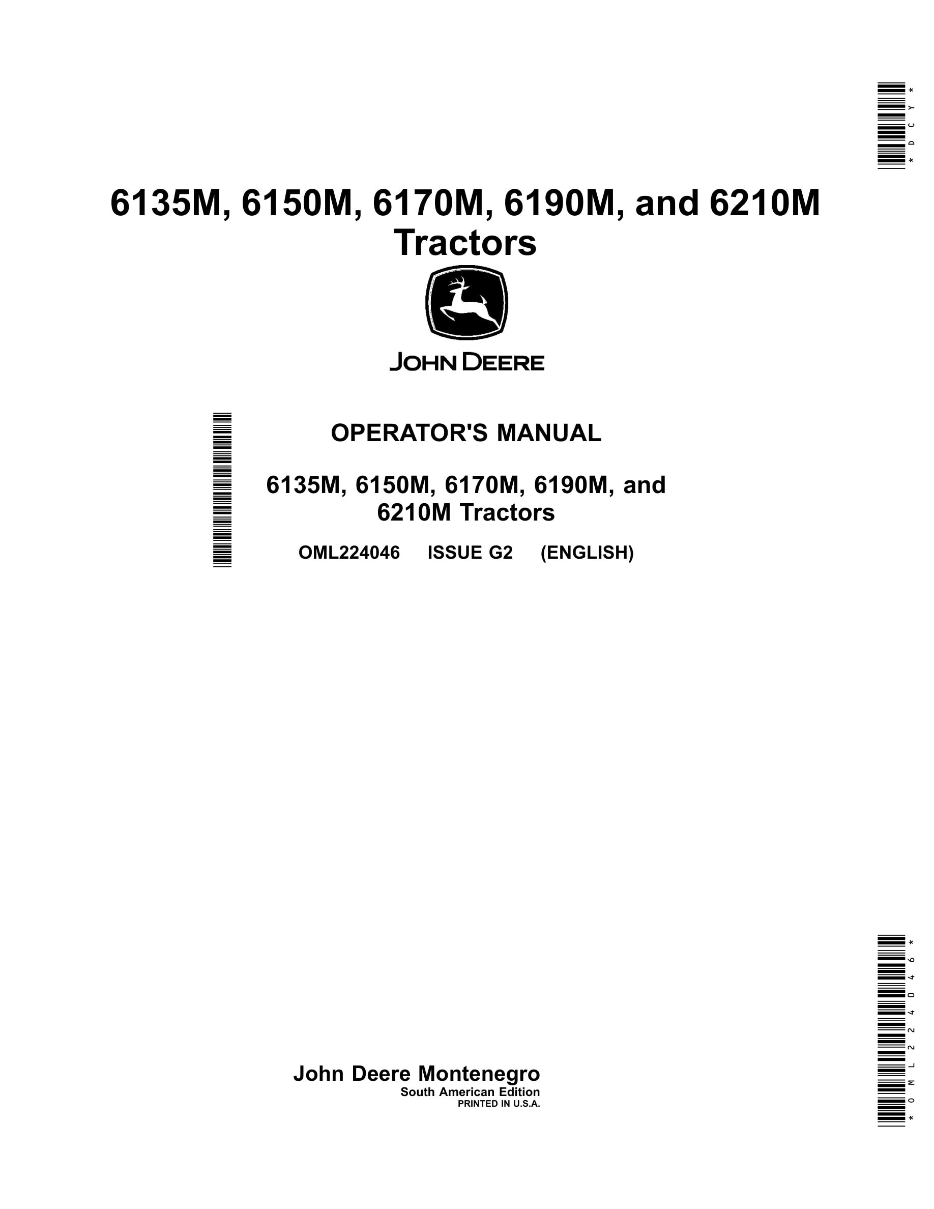 John Deere 6135m, 6150m, 6170m, 6190m, And 6210m Tractors Operator Manuals OML224046-1